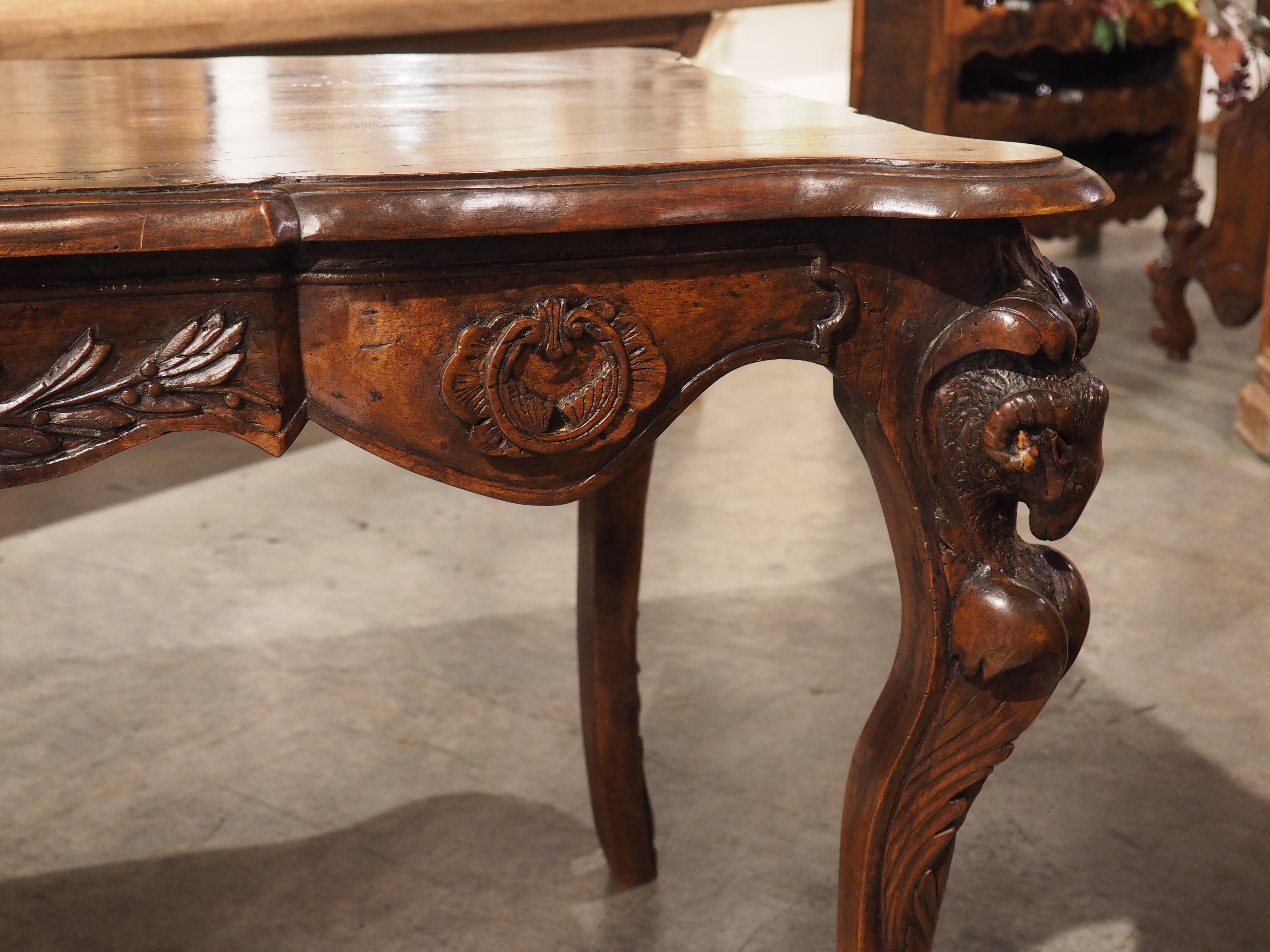 Circa 1870 French Walnut Wood Center Table with Rams' Heads and Fleur De Lys For Sale 2