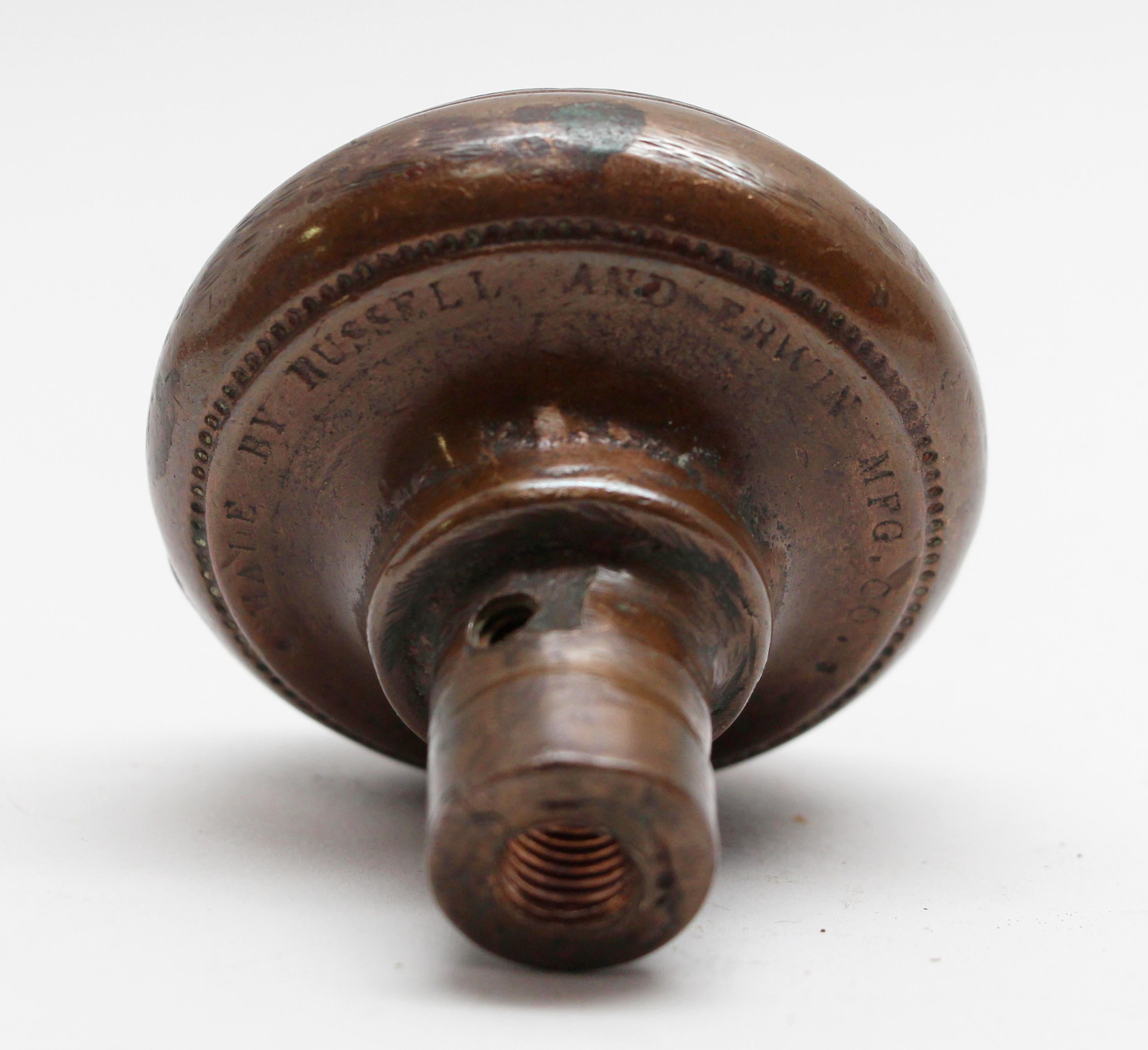 American Russell & Erwin Plumed Knight Helmet Figural Doorknob 1870 circa For Sale