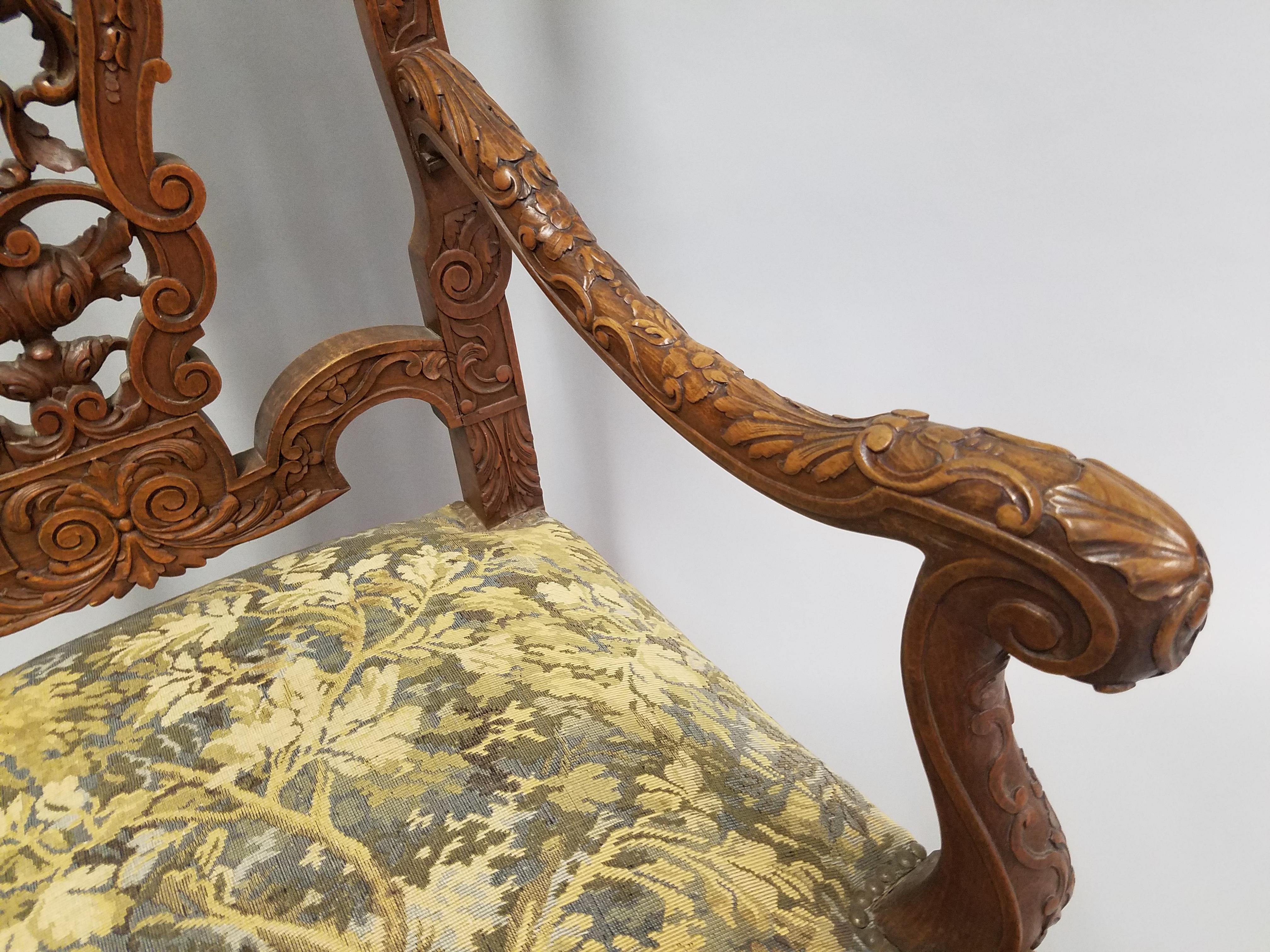 Hand-Carved Circa 1870 Louis XV Renaissance Style Walnut Armchairs For Sale