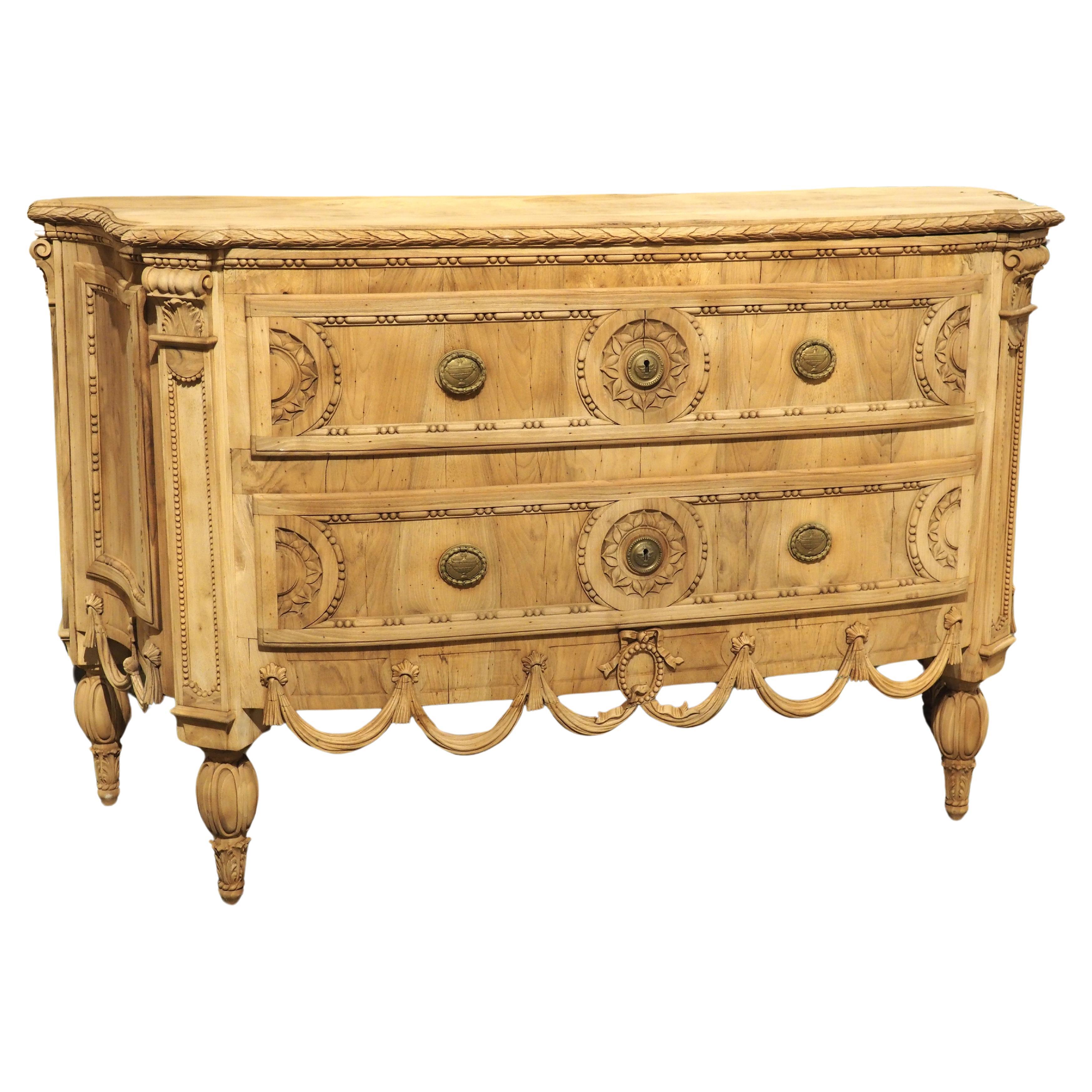 Circa 1870 Louis XVI Style Bleached Walnut Drapery Swag Commode from Italy For Sale