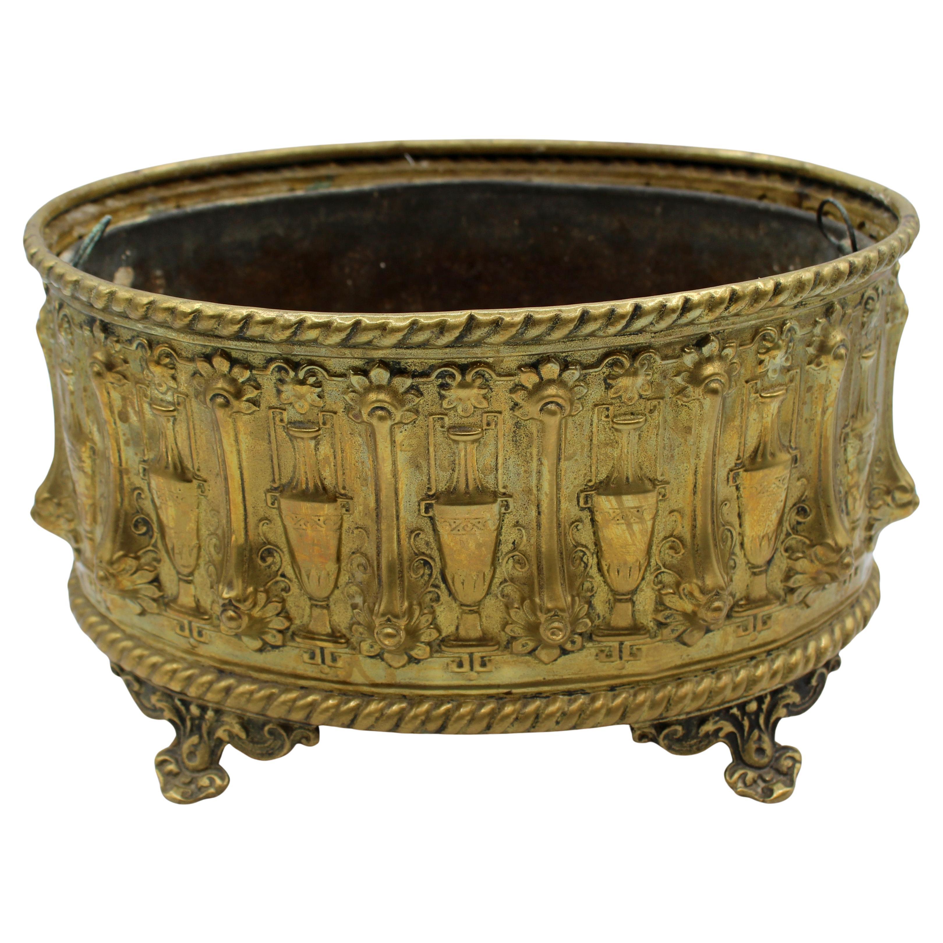 Circa 1870 Oval Repousse Brass English or French Jardiniere For Sale