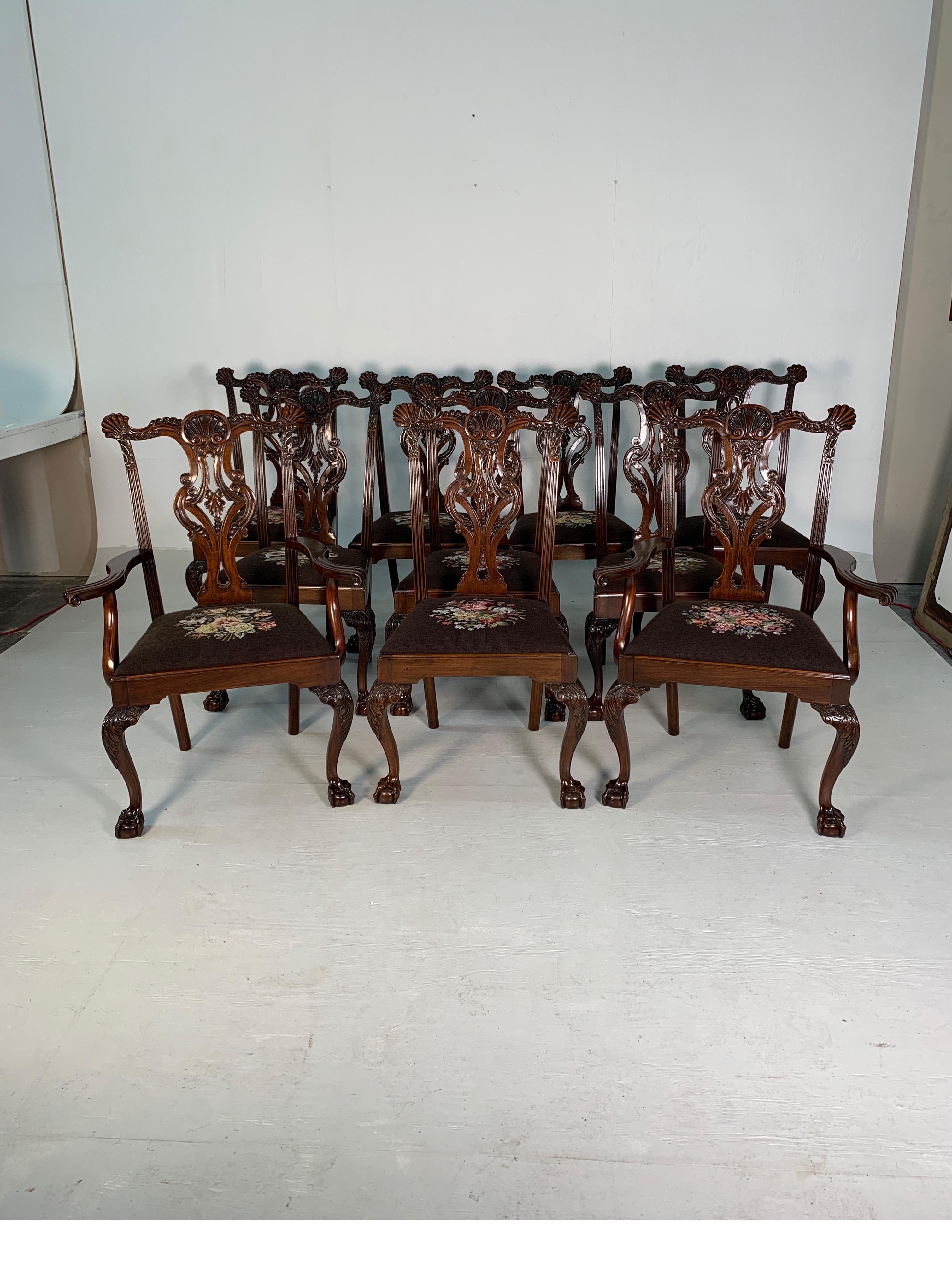 Set of ten beautifully hand carved mahogany Chippendale style chairs, circa 1870.
Magnificent detailed carving with great patina, two armchairs and eight side chairs.
Really a beautiful addition and statement to any dining room table.
Dimensions: