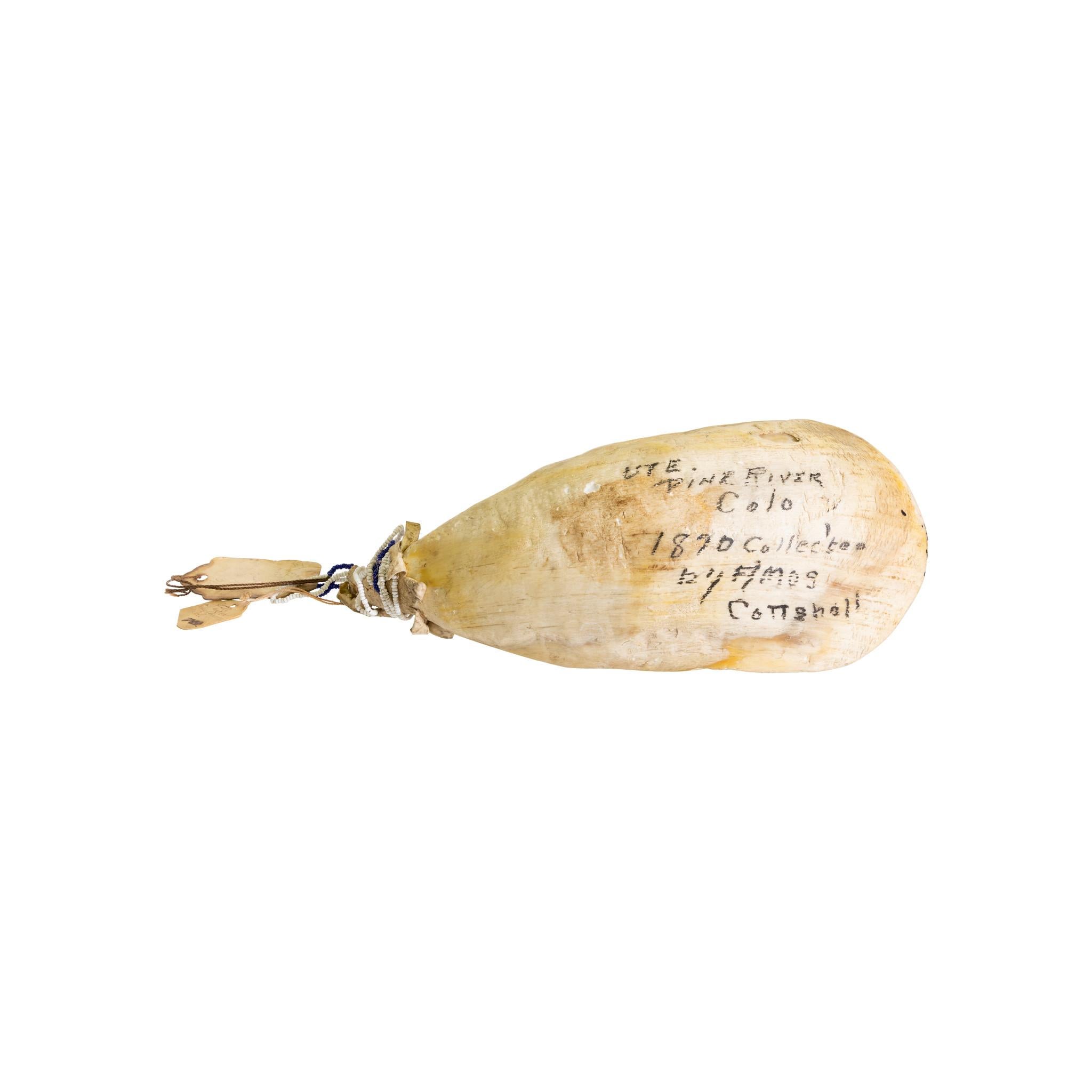 Ute sheep horn spoon with old tag “Ute, Pine River, Battle, Ex. Cottchall Collection. Collected 1870.” Brain tanned with blue and white beading on top.

Period: circa 1870
Origin: Ute
Size: 9
