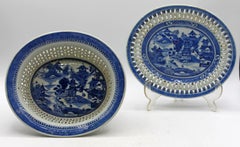Circa 1870s-80s Chinese Blue & White Porcelain Chestnut Basket With Undertray