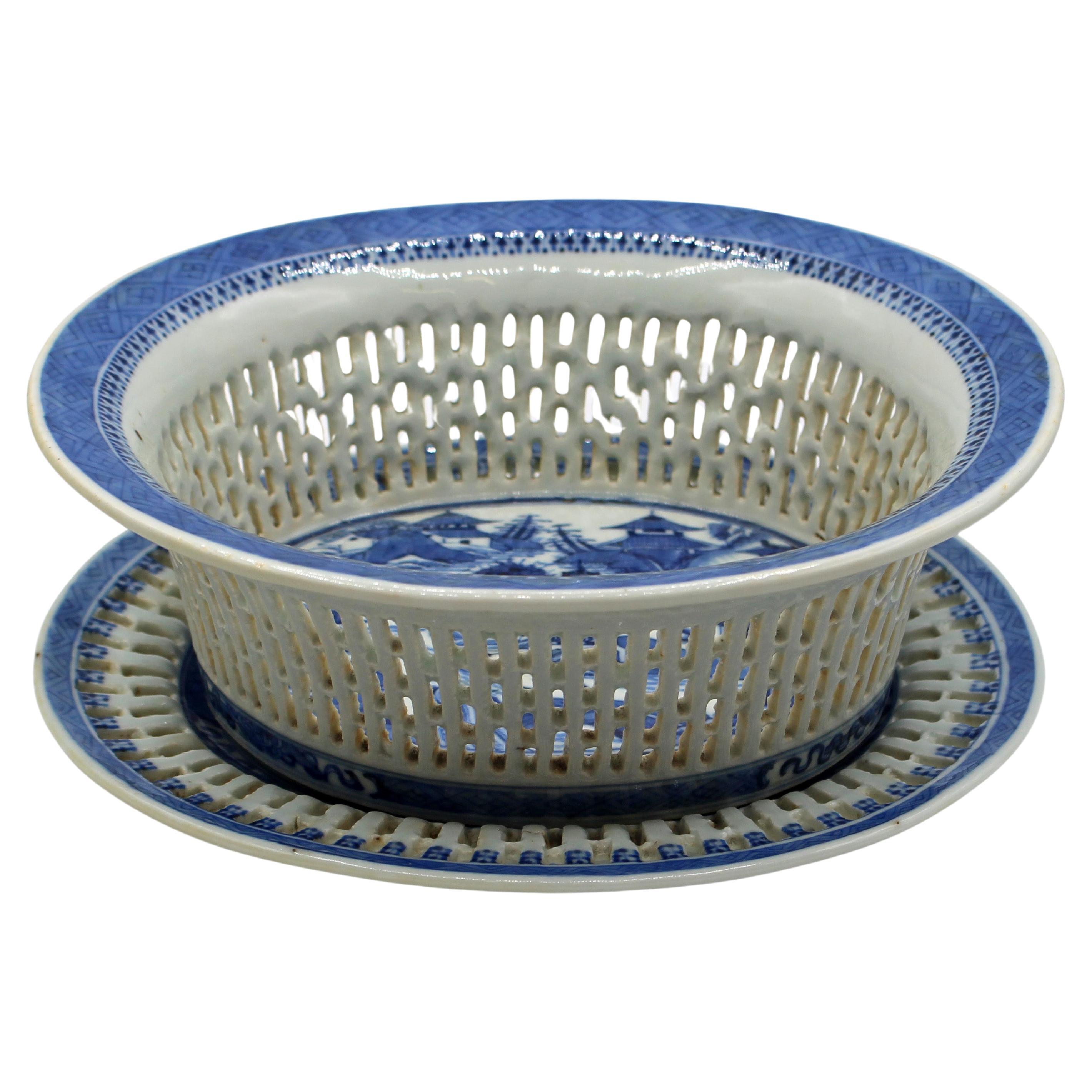Circa 1870s-80s Chinese Blue & White Porcelain Chestnut Basket With Undertray