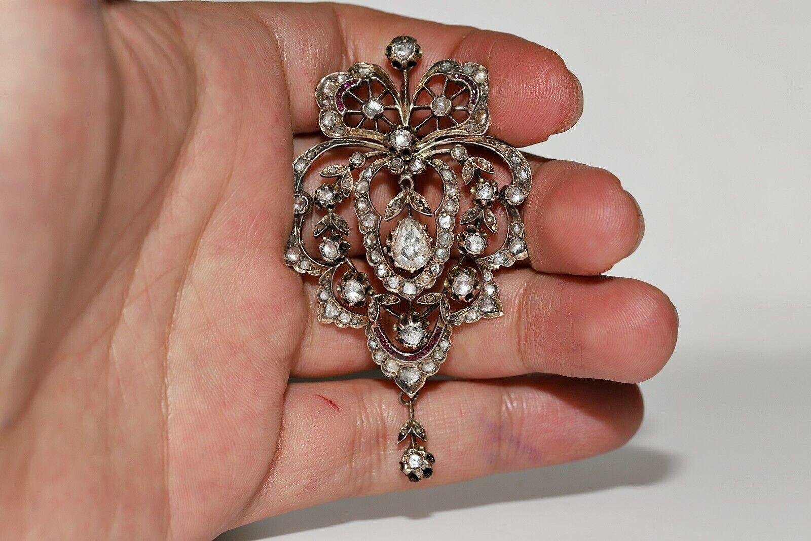 Circa 1870s 8k Gold Ottoman Natural Rose Cut Diamond Ruby Pendant Necklace For Sale 5