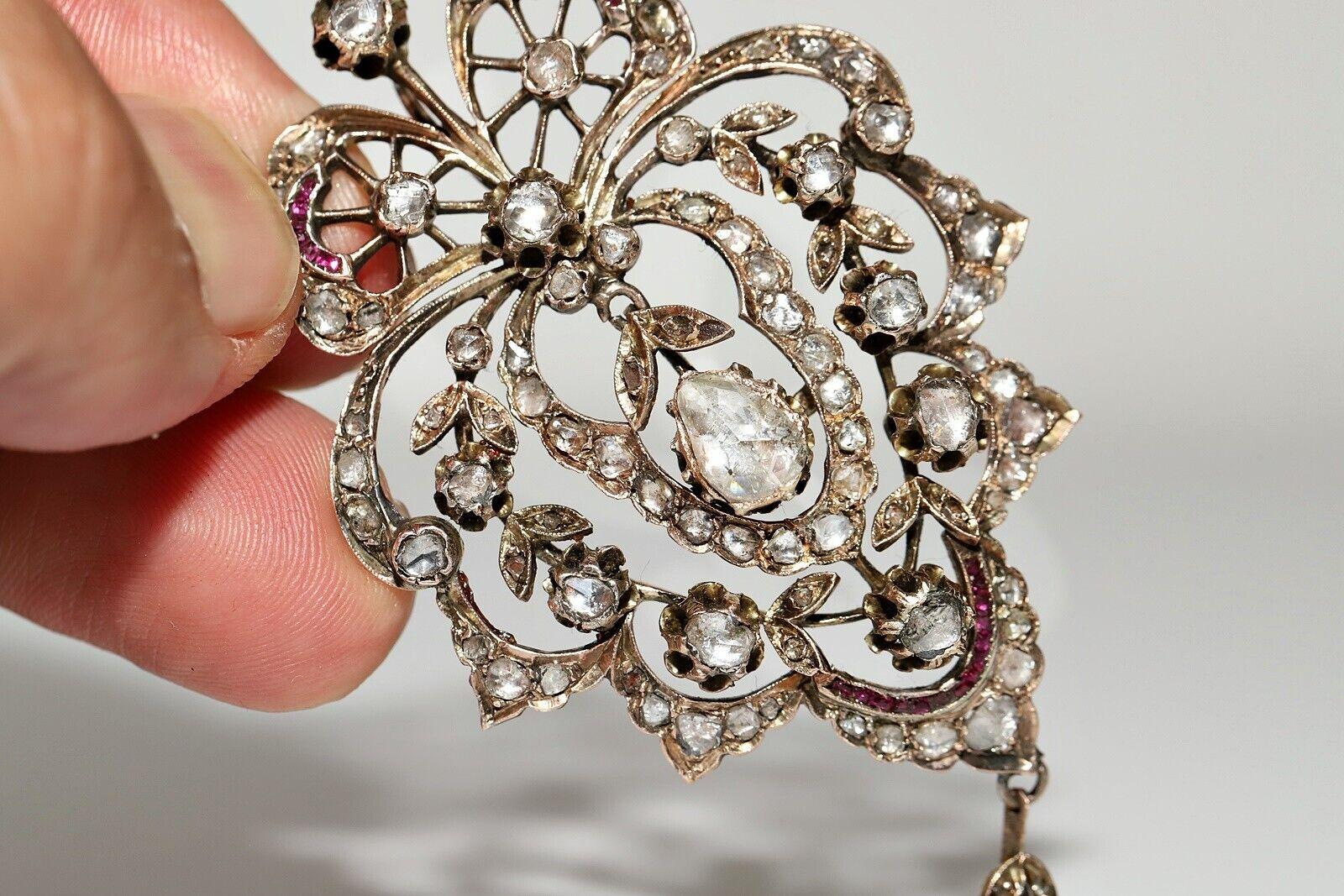 Victorian Circa 1870s 8k Gold Ottoman Natural Rose Cut Diamond Ruby Pendant Necklace For Sale