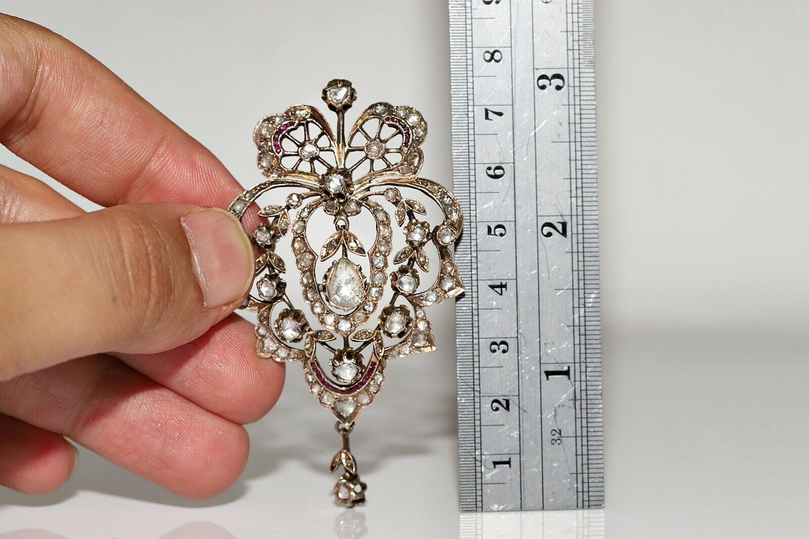 Circa 1870s 8k Gold Ottoman Natural Rose Cut Diamond Ruby Pendant Necklace For Sale 2