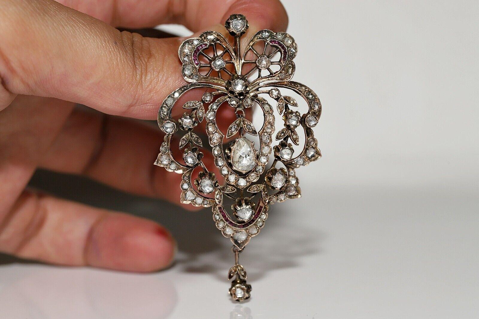 Circa 1870s 8k Gold Ottoman Natural Rose Cut Diamond Ruby Pendant Necklace For Sale 3