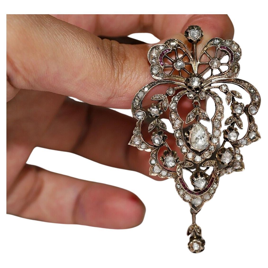 Circa 1870s 8k Gold Ottoman Natural Rose Cut Diamond Ruby Pendant Necklace