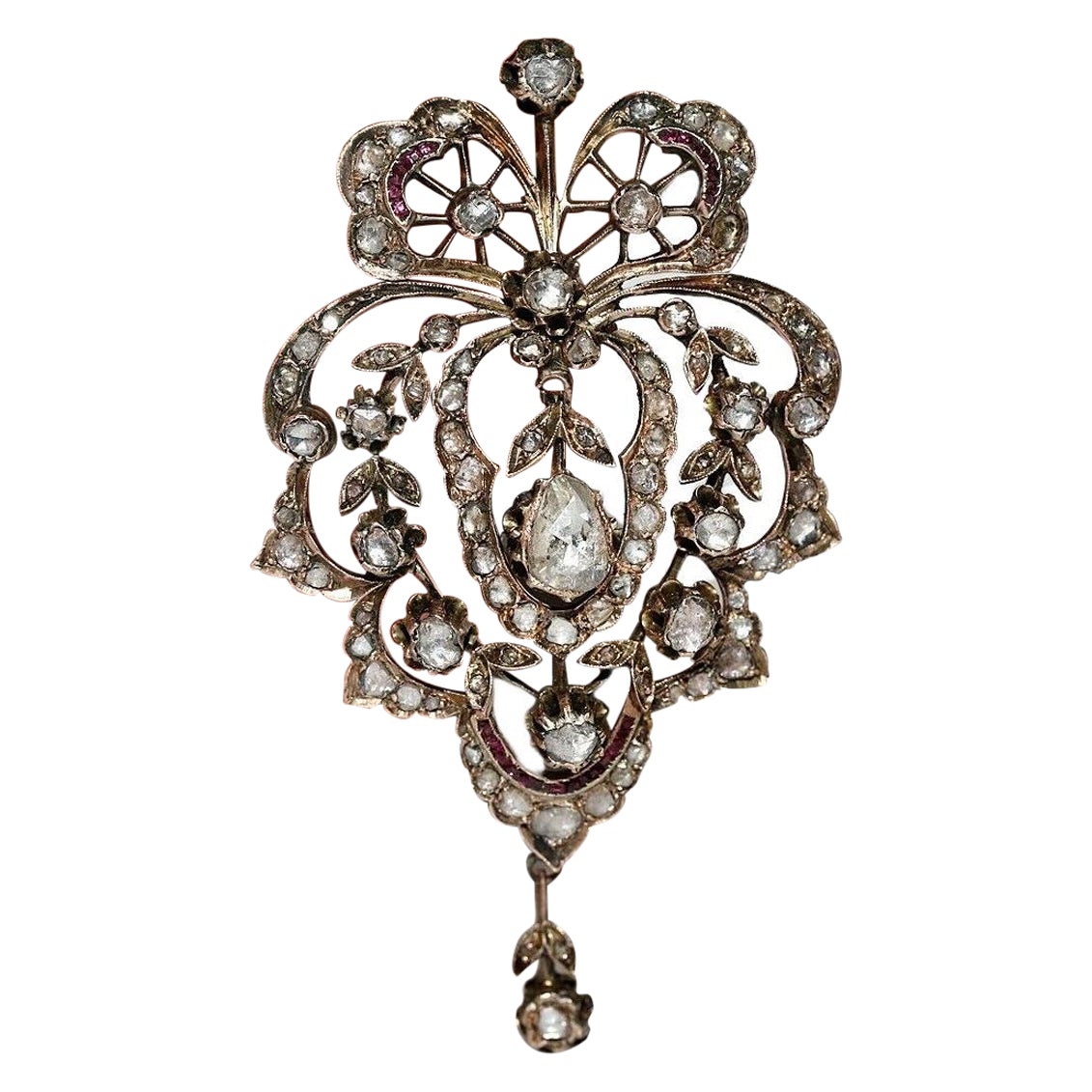 Circa 1870s 8k Gold Ottoman Natural Rose Cut Diamond Ruby Pendant Necklace