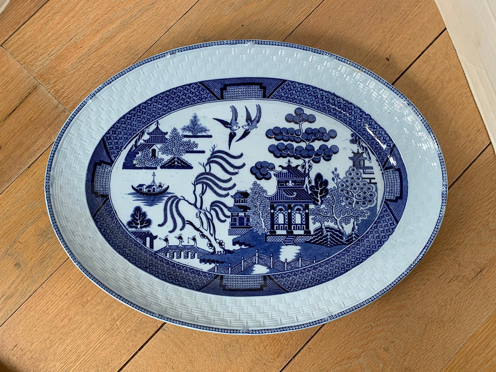 Late 19th century circa 1870s oval blue willow porcelain charger with basket weave border, by T.C. Brown-Westhead Moore & Co. Impressed marks.