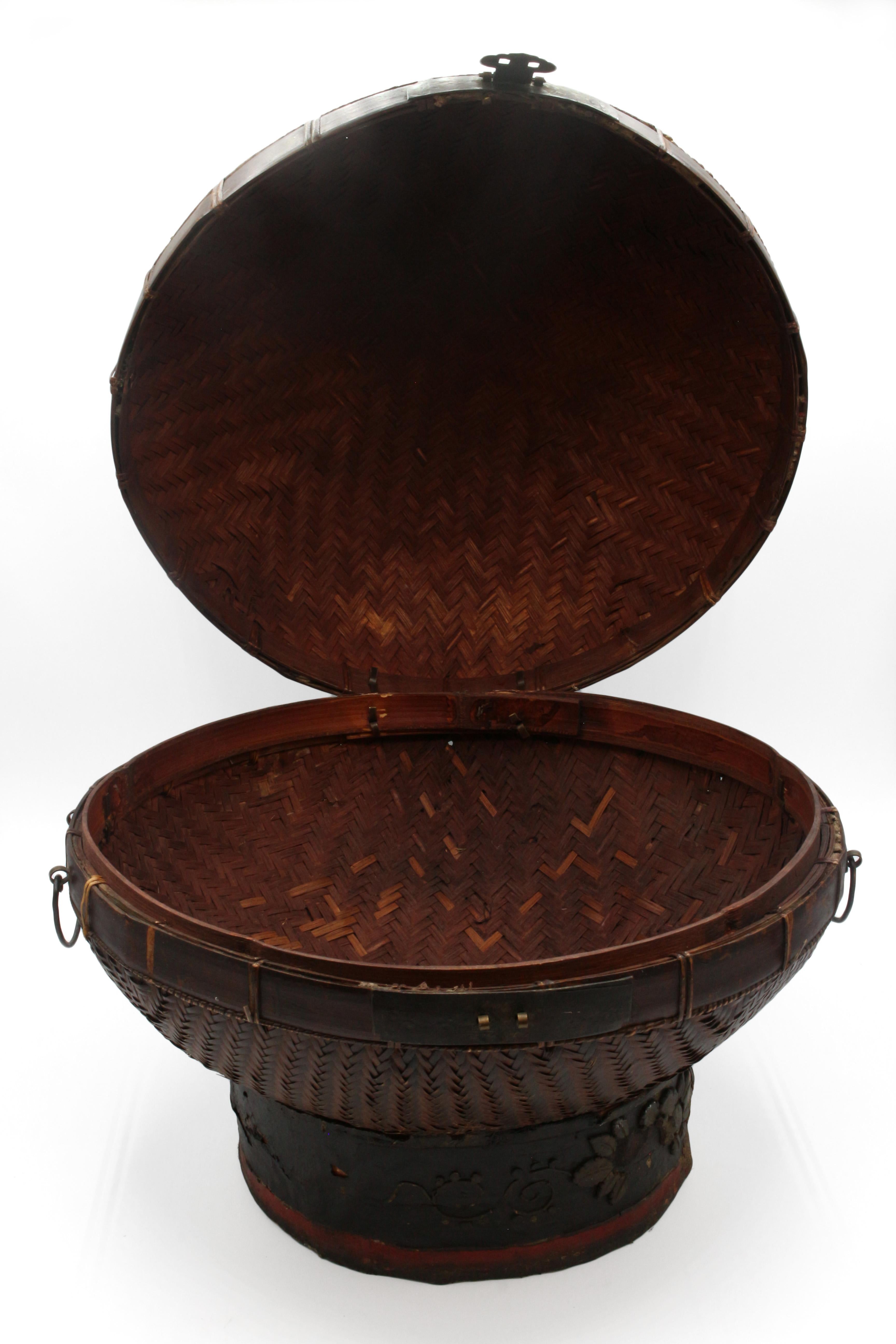circa 1870s Chinese wedding ceremonial hat box, Zhijang Province. Woven rattan & bamboo with brass hardware. The pedestal base has lost some of the molded floral decoration. Note the double happiness symbol woven into the design - ideal as a wedding