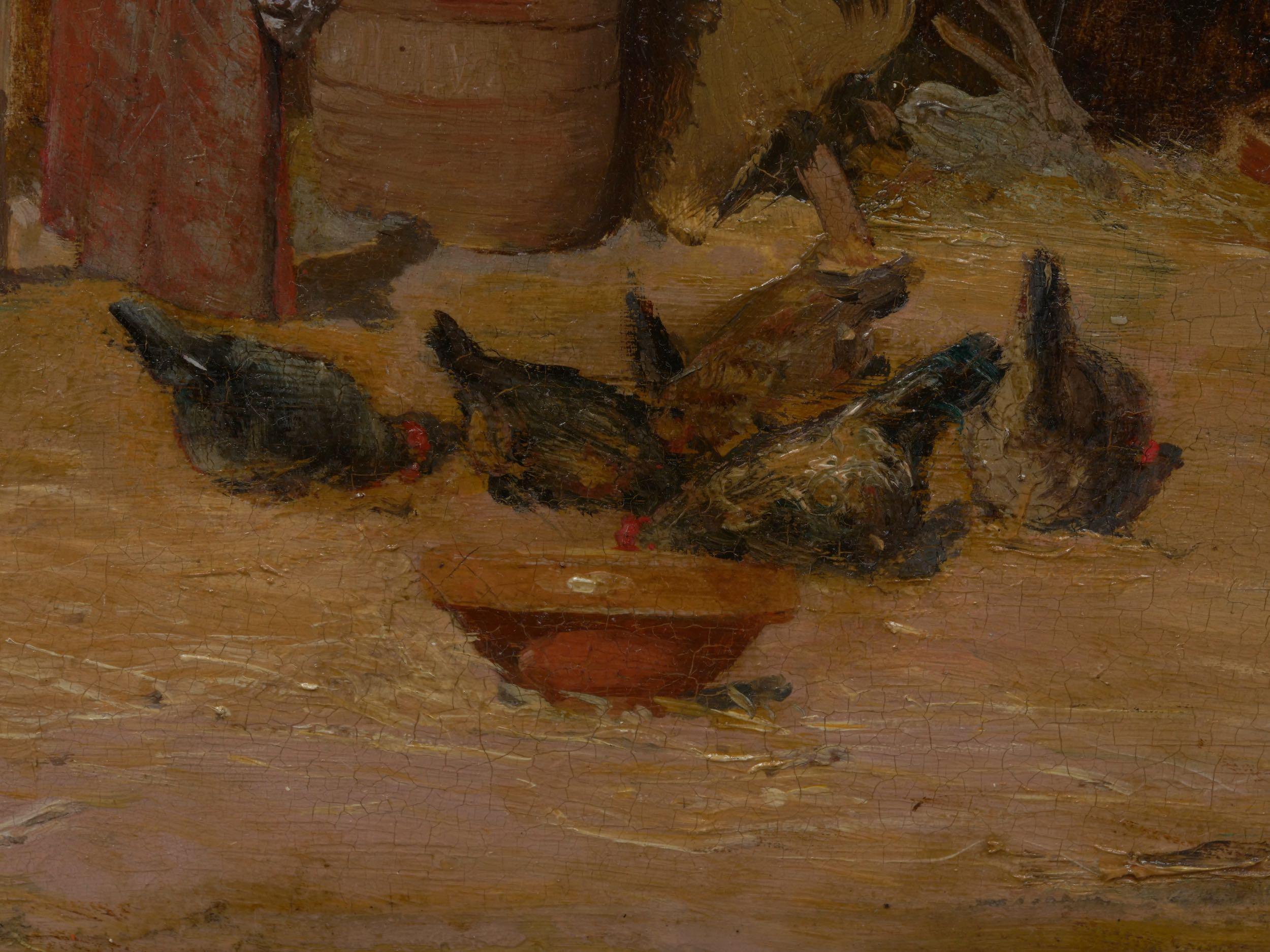 “Feeding the Chickens” French Antique Barbizon Oil Painting, circa 1870s 5