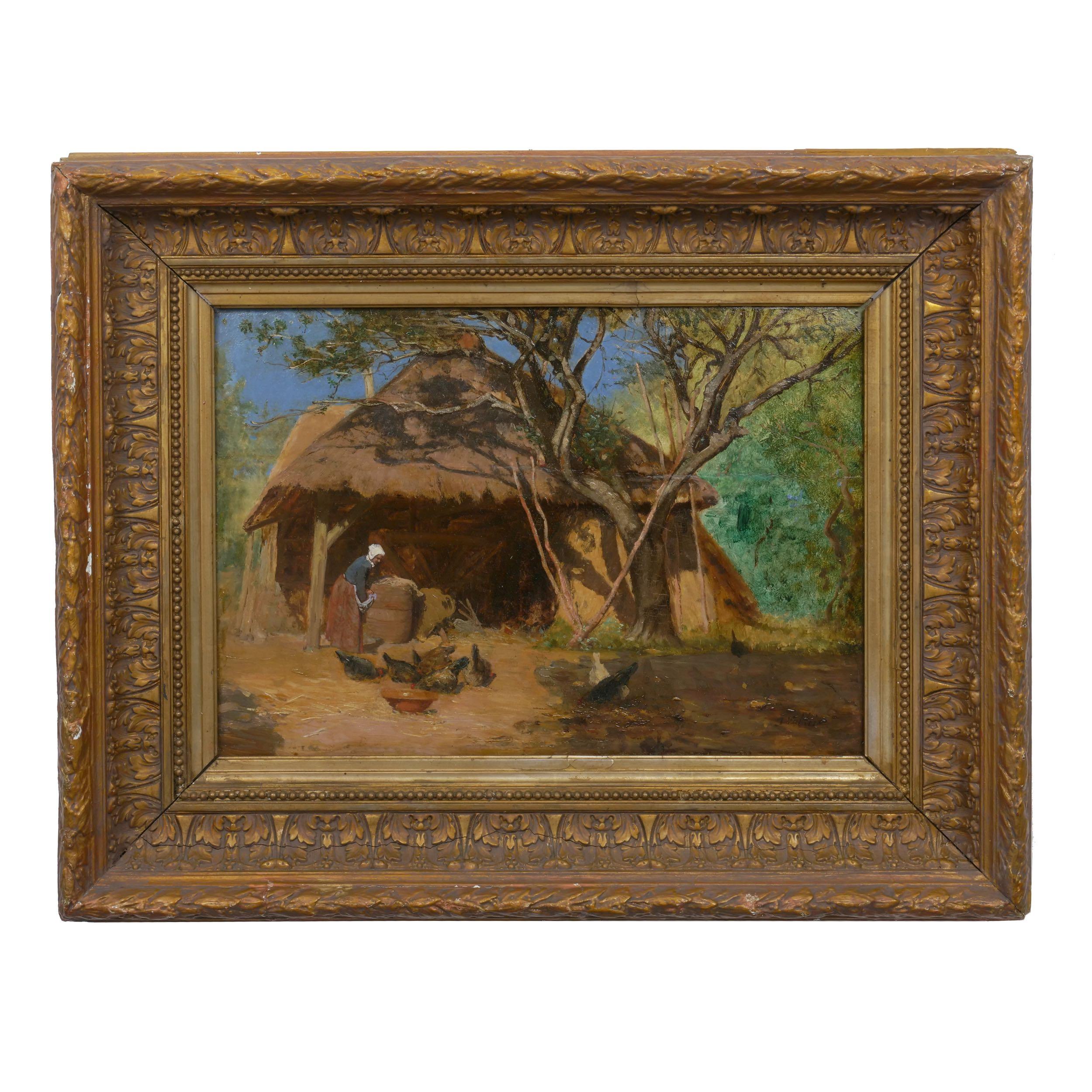 A very handsome and cheery rural scene depicting a peasant woman feeding the chickens in the yard outside of the barn. Beautifully detailed, the scene offers a glimpse of countryside living during the late 19th century that is romantic without
