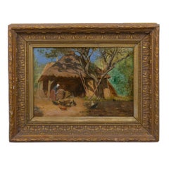 “Feeding the Chickens” French Antique Barbizon Oil Painting, circa 1870s
