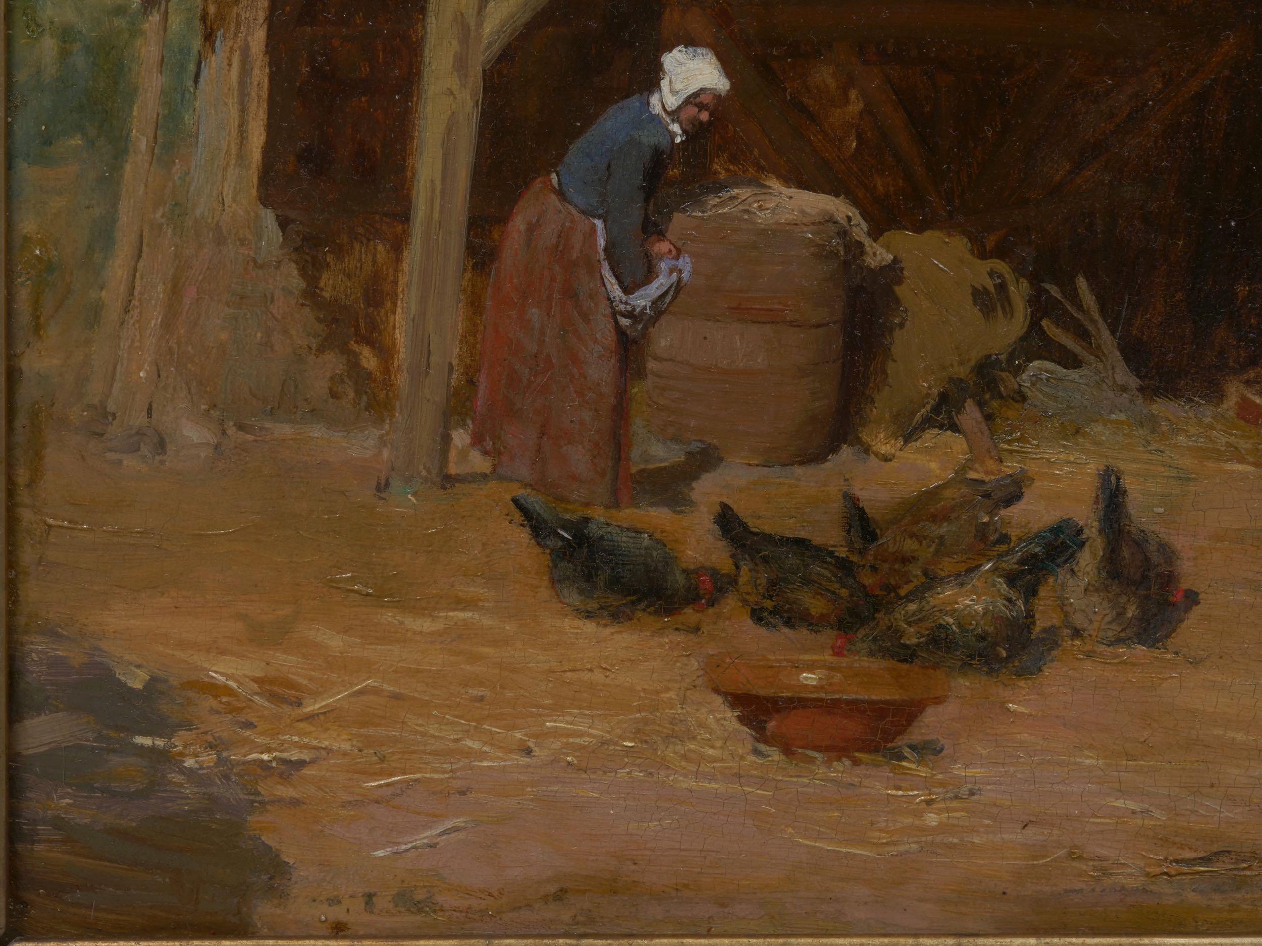 19th Century “Feeding the Chickens” French Antique Barbizon Oil Painting, circa 1870s