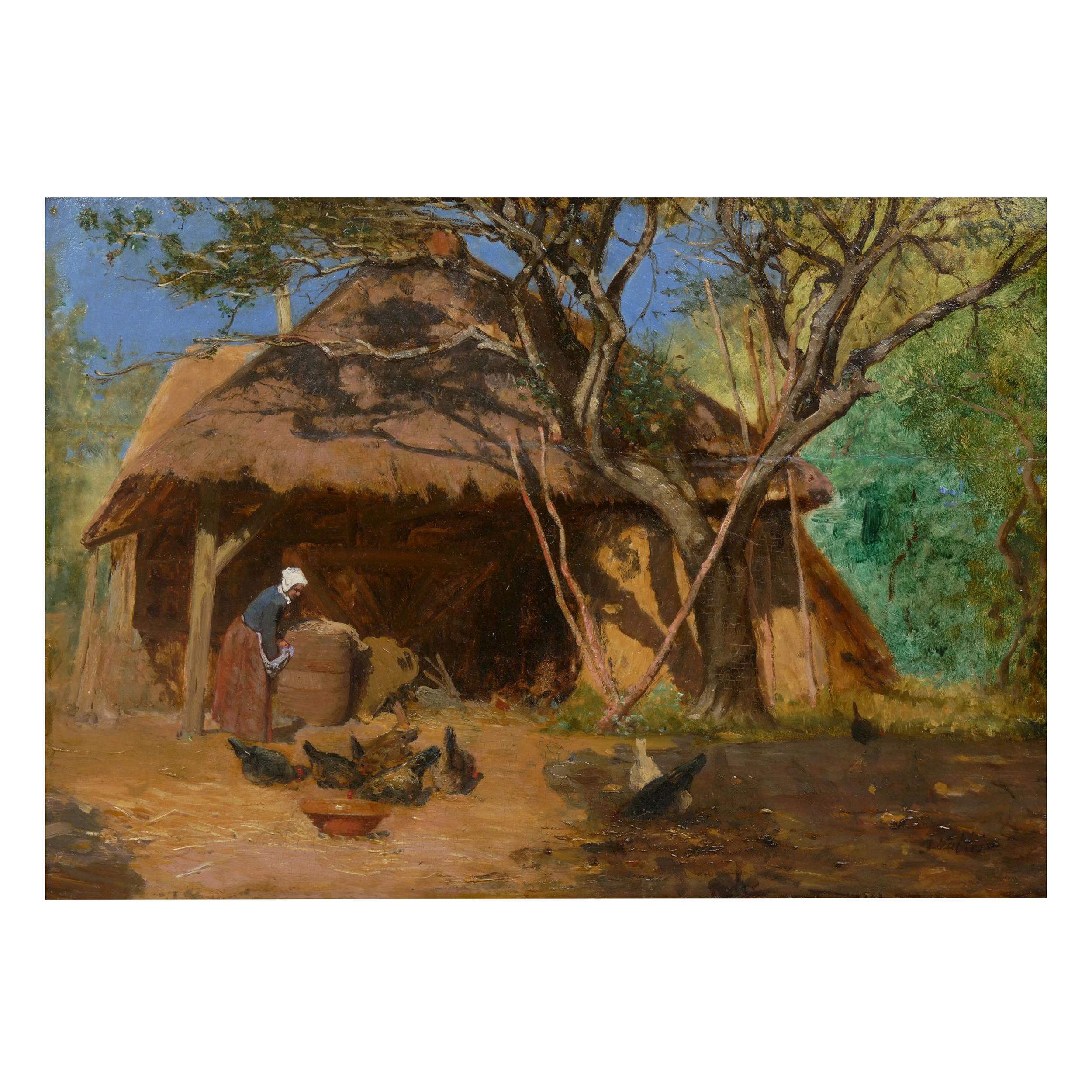 “Feeding the Chickens” French Antique Barbizon Oil Painting, circa 1870s