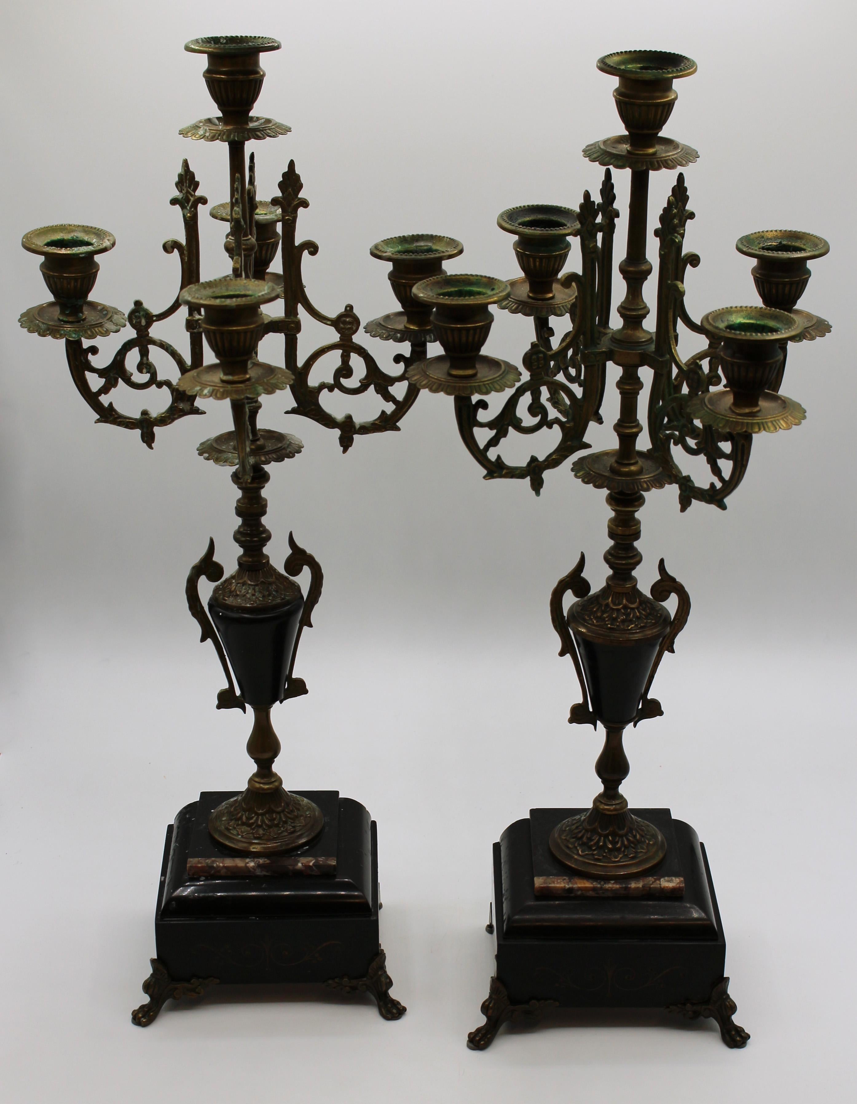 Circa 1870s Pair of Black Slate and Brass Candelabras 5