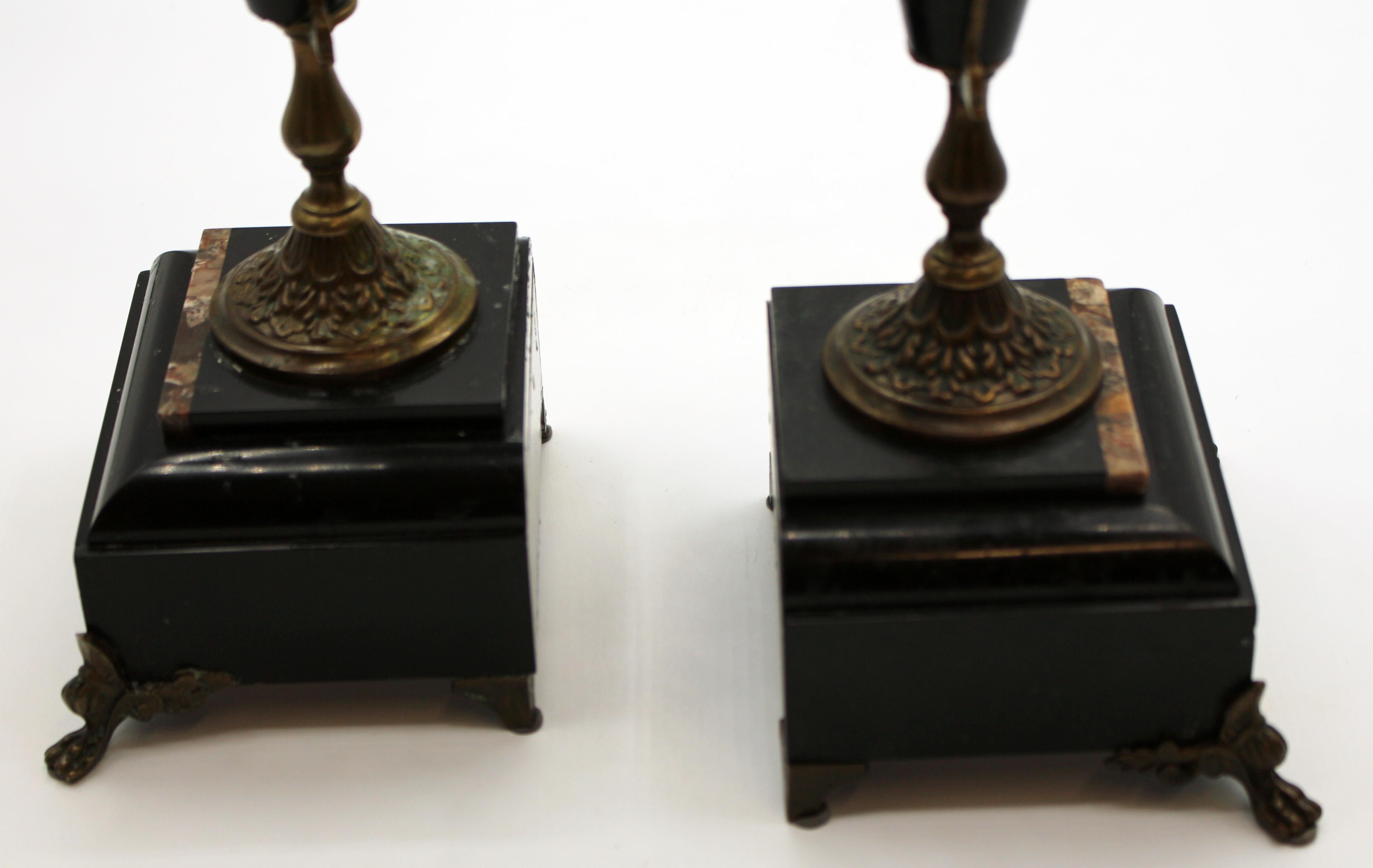 Circa 1870s Pair of Black Slate and Brass Candelabras 2