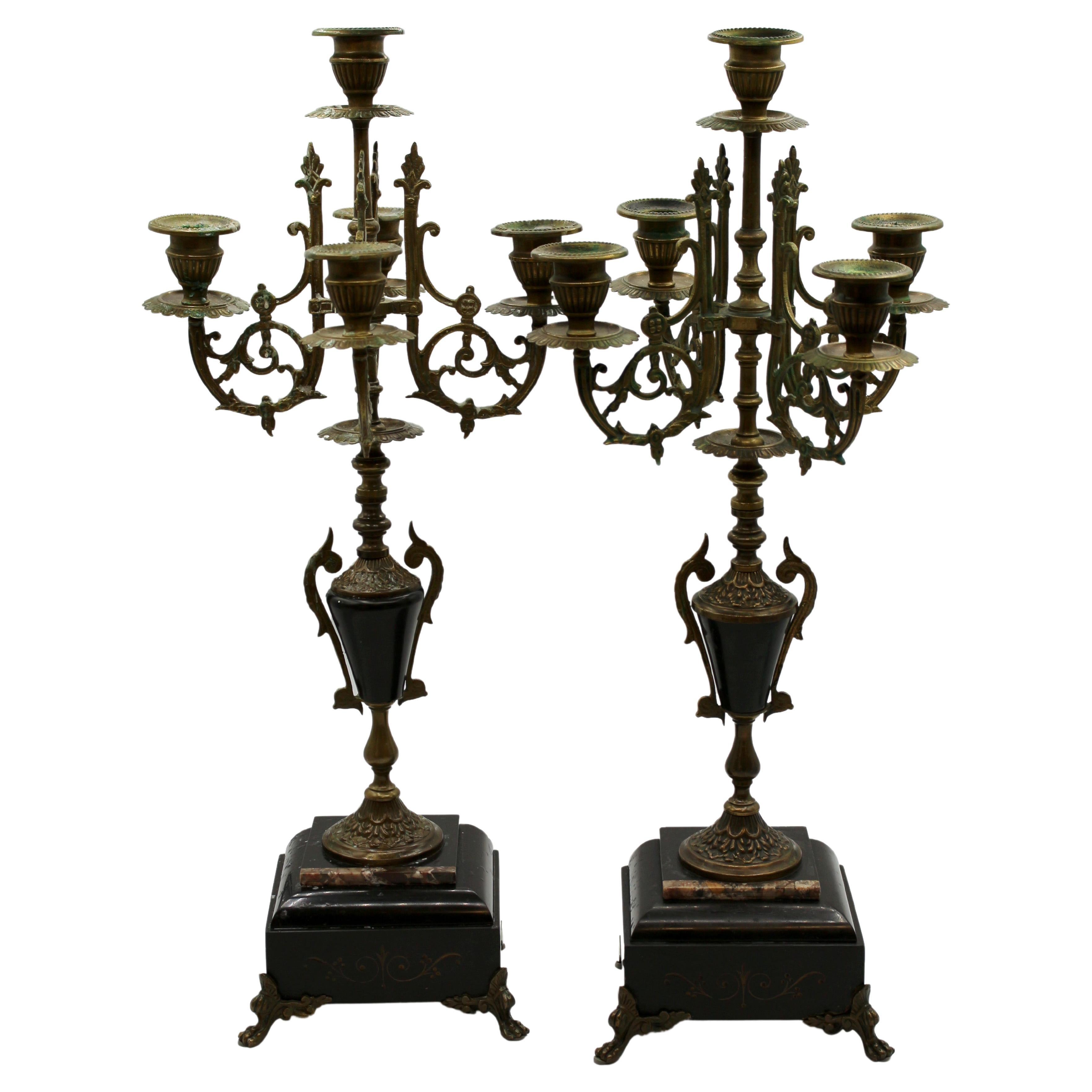 Circa 1870s Pair of Black Slate and Brass Candelabras