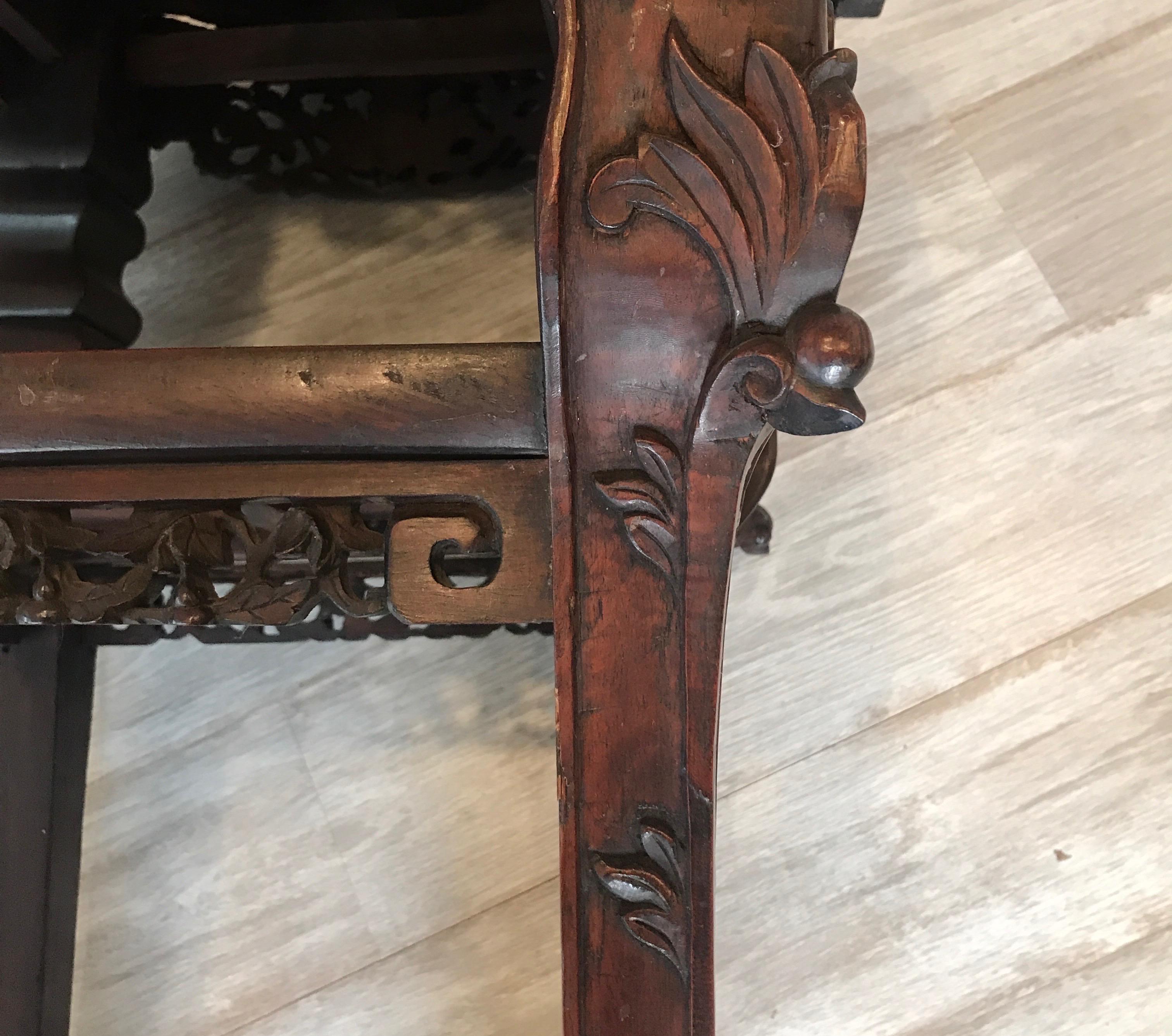 Rosewood Heavily Carved Chinese Marble Top Two-Tier Stand, circa 1870s For Sale 12