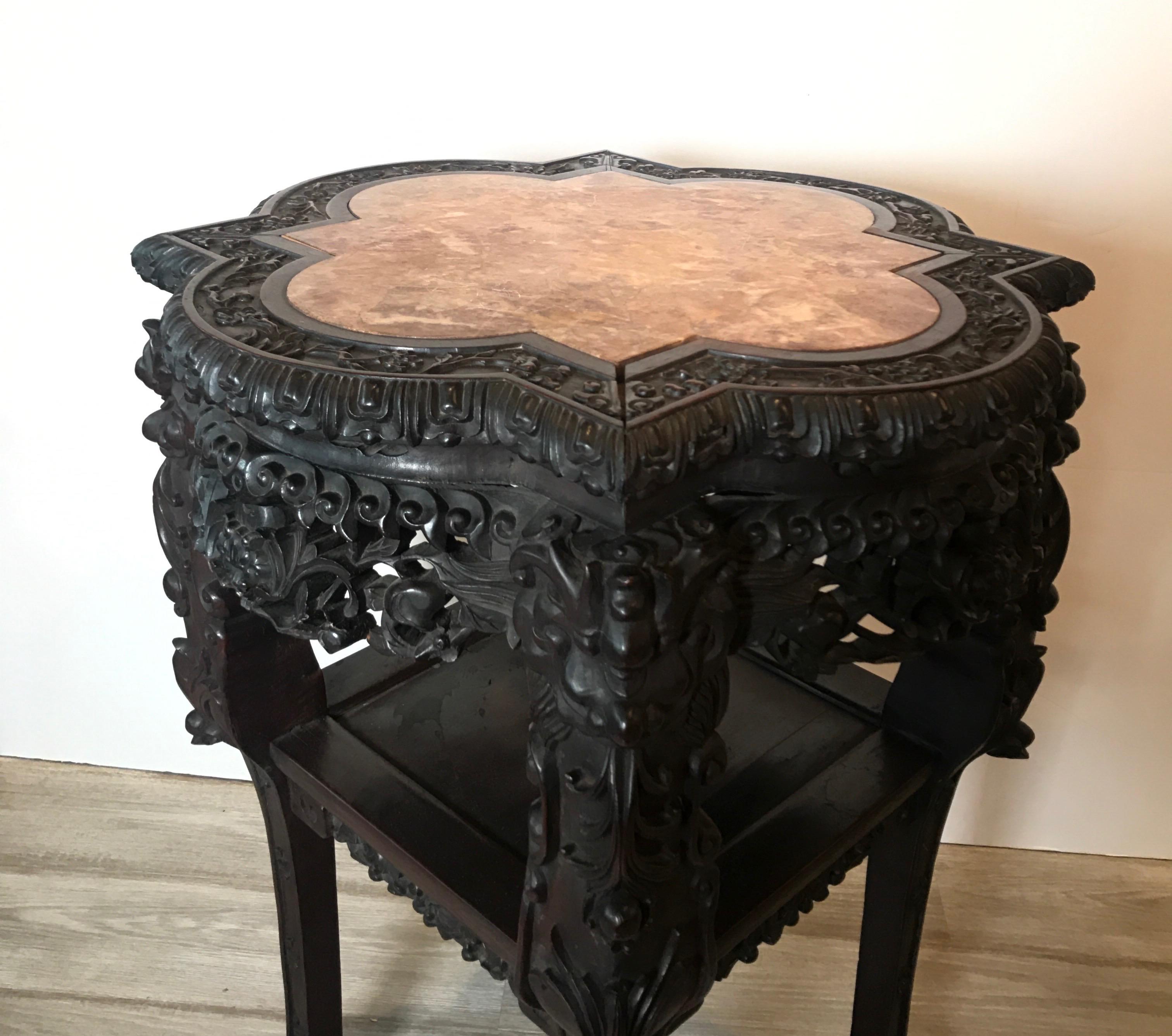 Rosewood Heavily Carved Chinese Marble Top Two-Tier Stand, circa 1870s In Good Condition For Sale In Lambertville, NJ