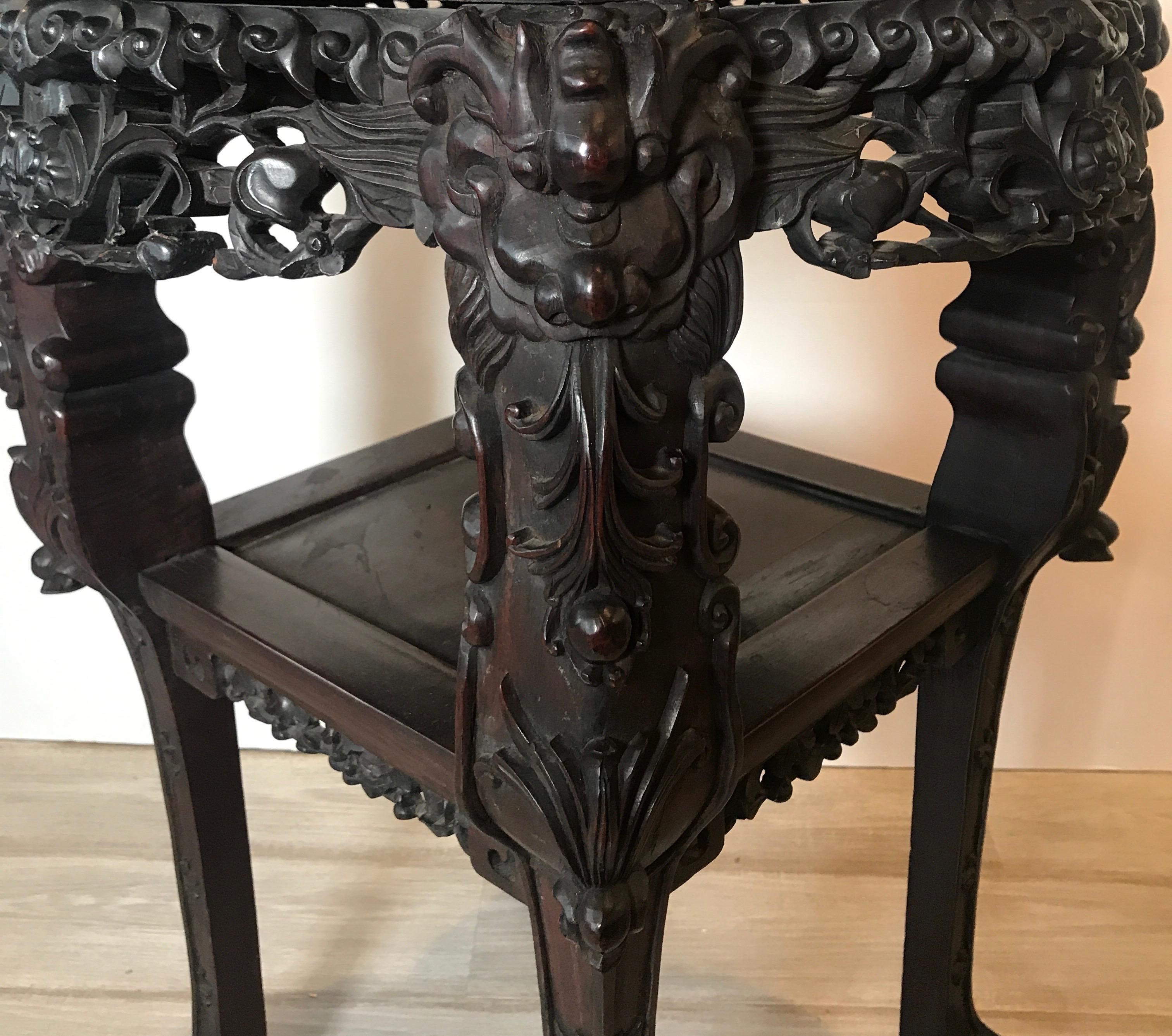 19th Century Rosewood Heavily Carved Chinese Marble Top Two-Tier Stand, circa 1870s For Sale