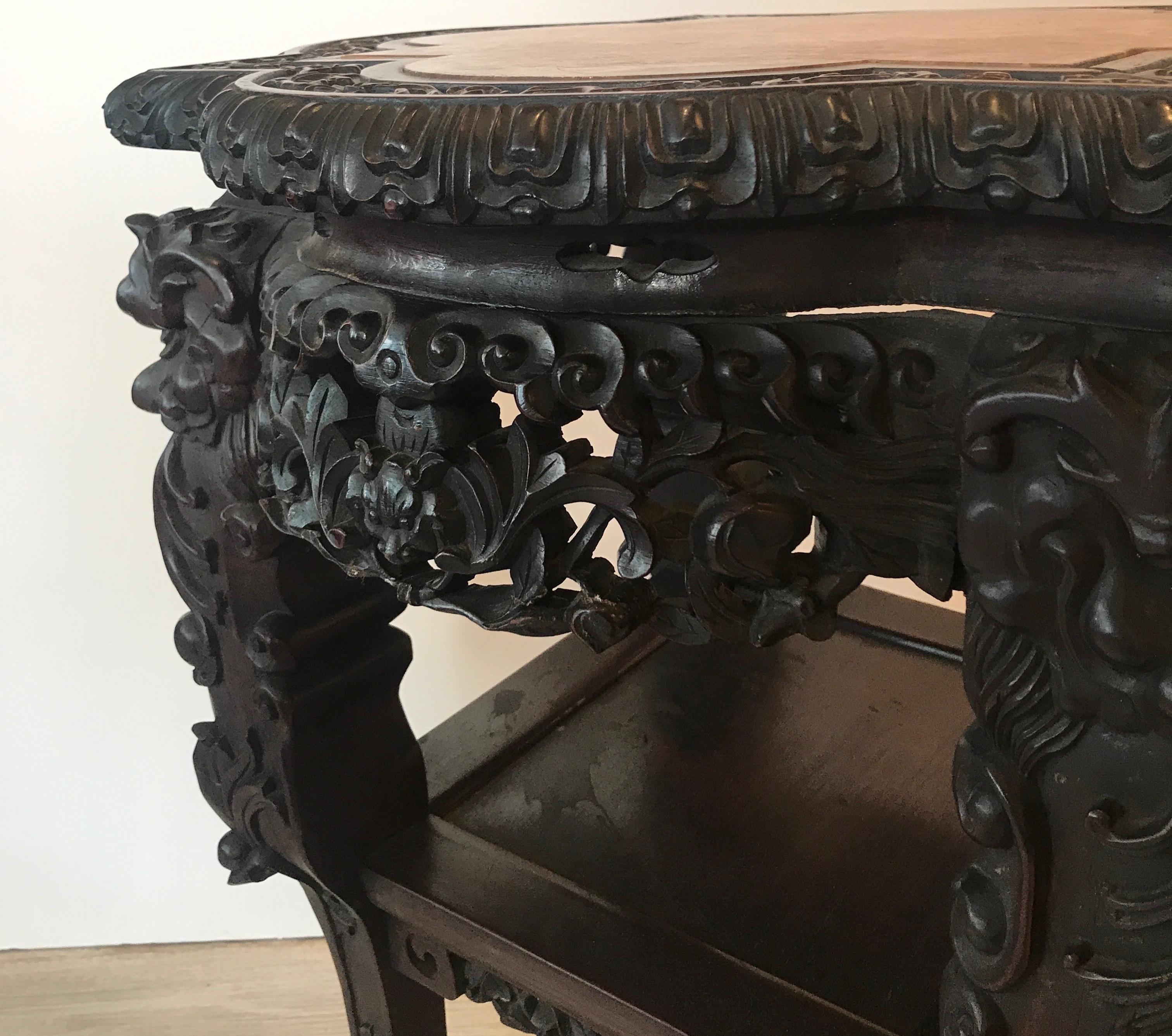 Rosewood Heavily Carved Chinese Marble Top Two-Tier Stand, circa 1870s For Sale 1