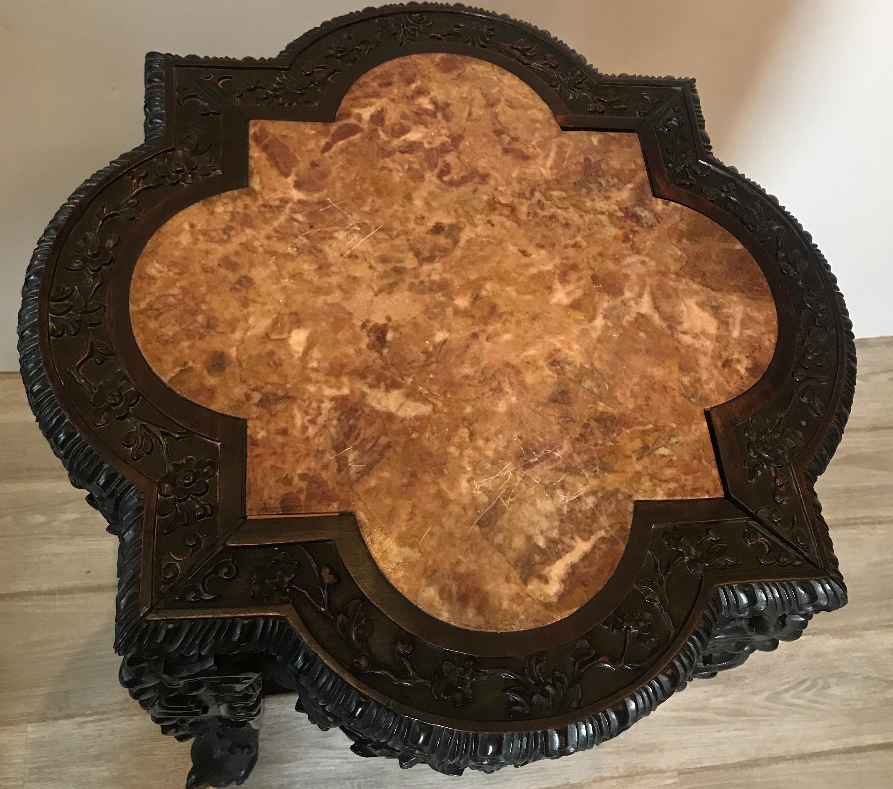 Rosewood Heavily Carved Chinese Marble Top Two-Tier Stand, circa 1870s For Sale 2