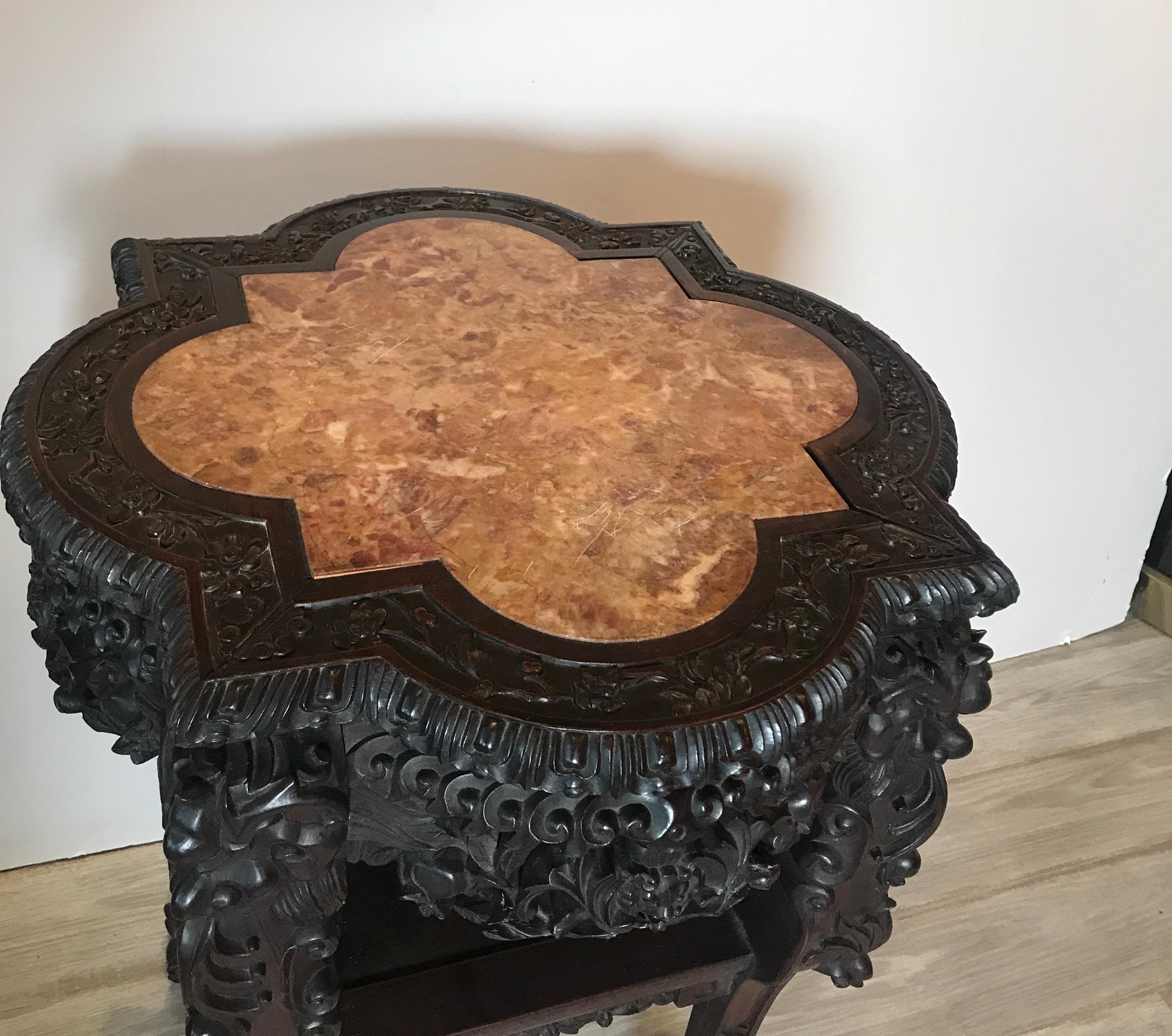 Rosewood Heavily Carved Chinese Marble Top Two-Tier Stand, circa 1870s For Sale 3