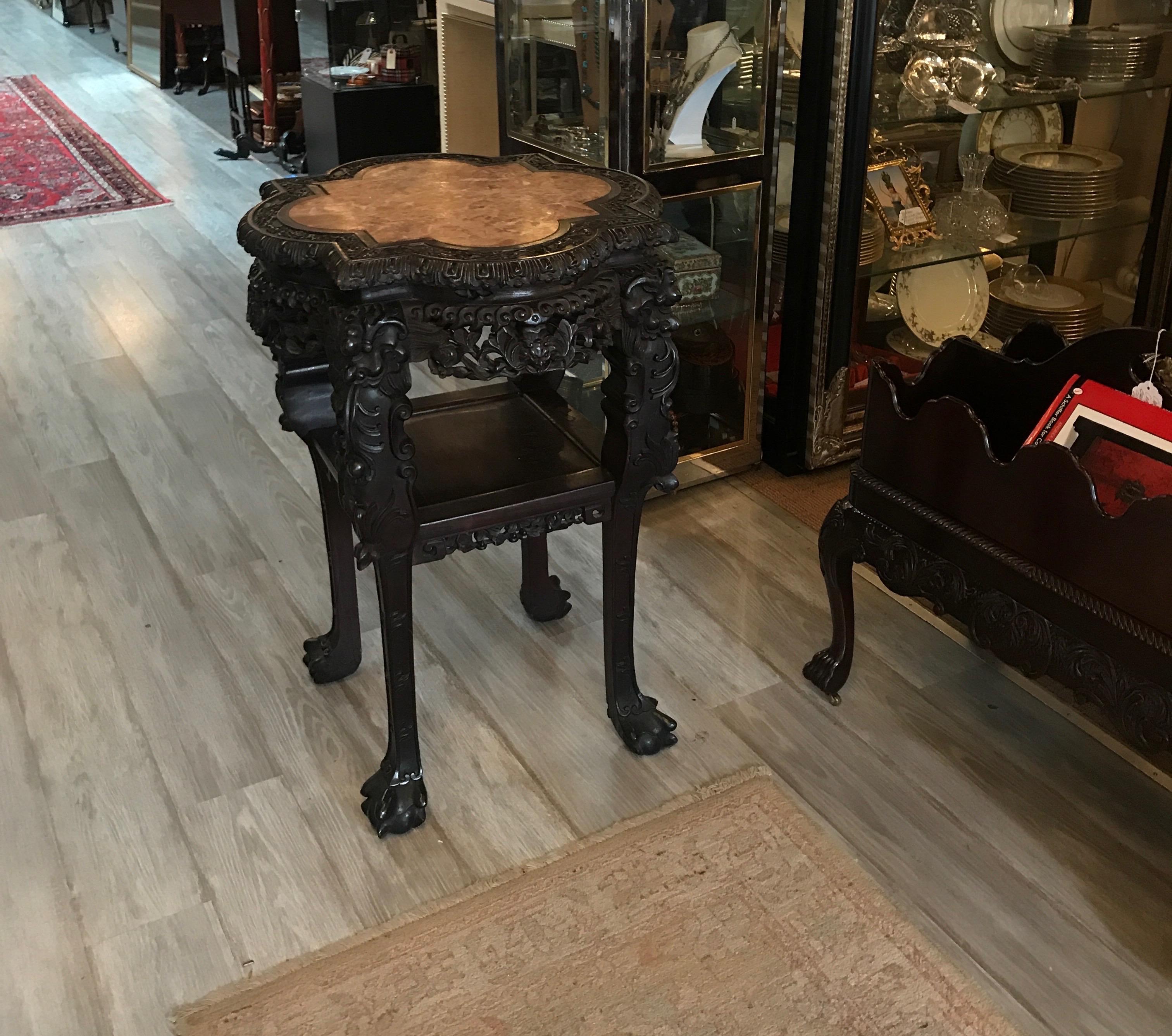 Rosewood Heavily Carved Chinese Marble Top Two-Tier Stand, circa 1870s For Sale 4