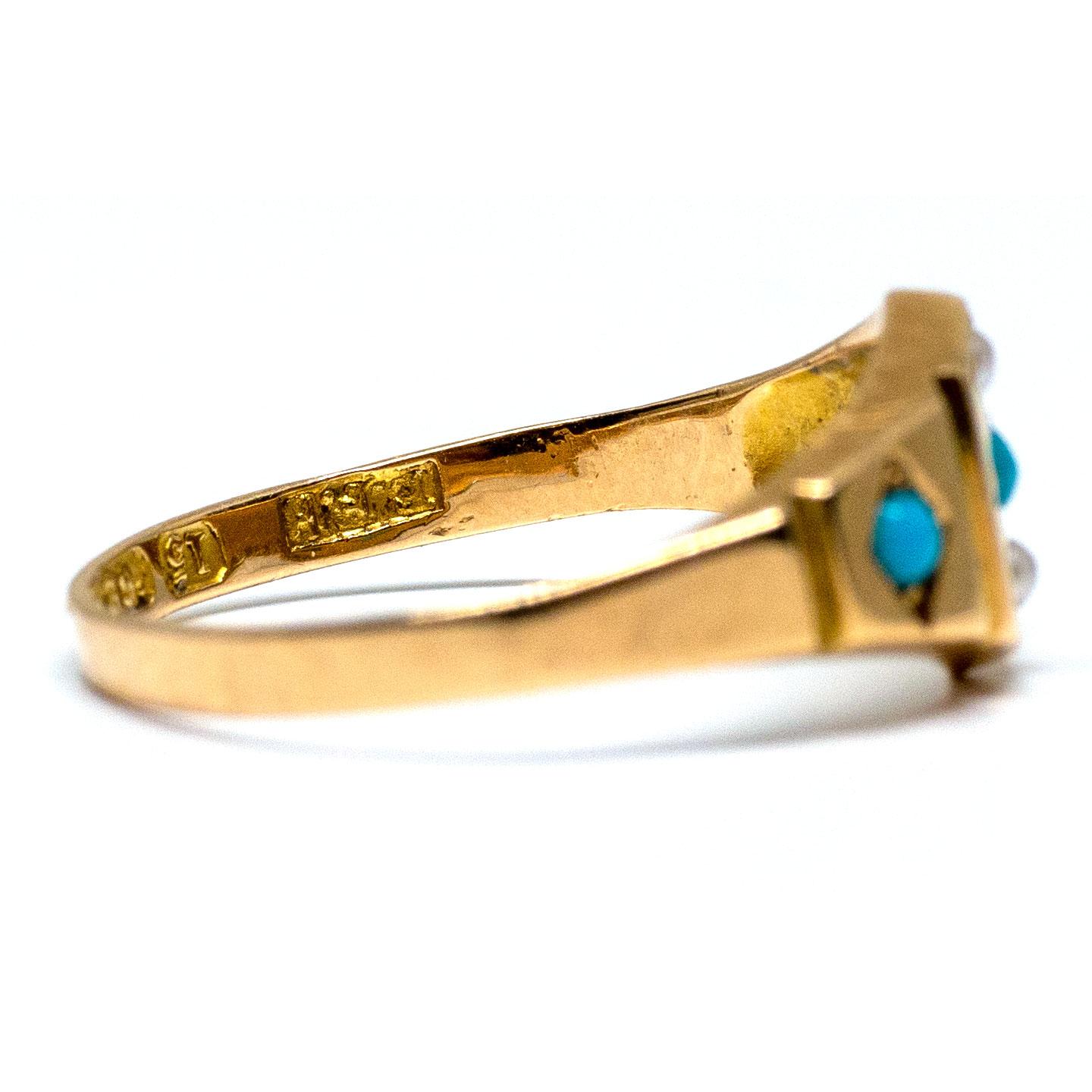 Women's Antique Victorian 15 Karat Gold British Turquoise Pearl Ring, circa 1875