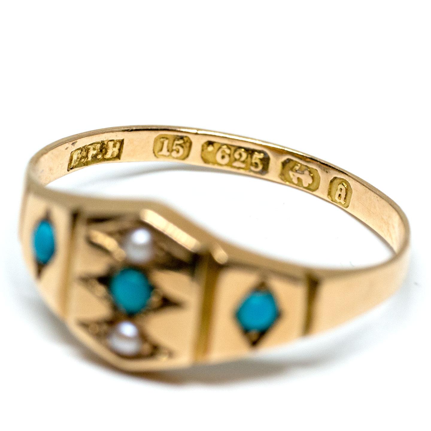 Antique Victorian 15 Karat Gold British Turquoise Pearl Ring, circa 1875 1