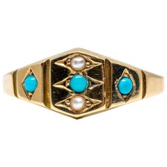 Antique Victorian 15 Karat Gold British Turquoise Pearl Ring, circa 1875