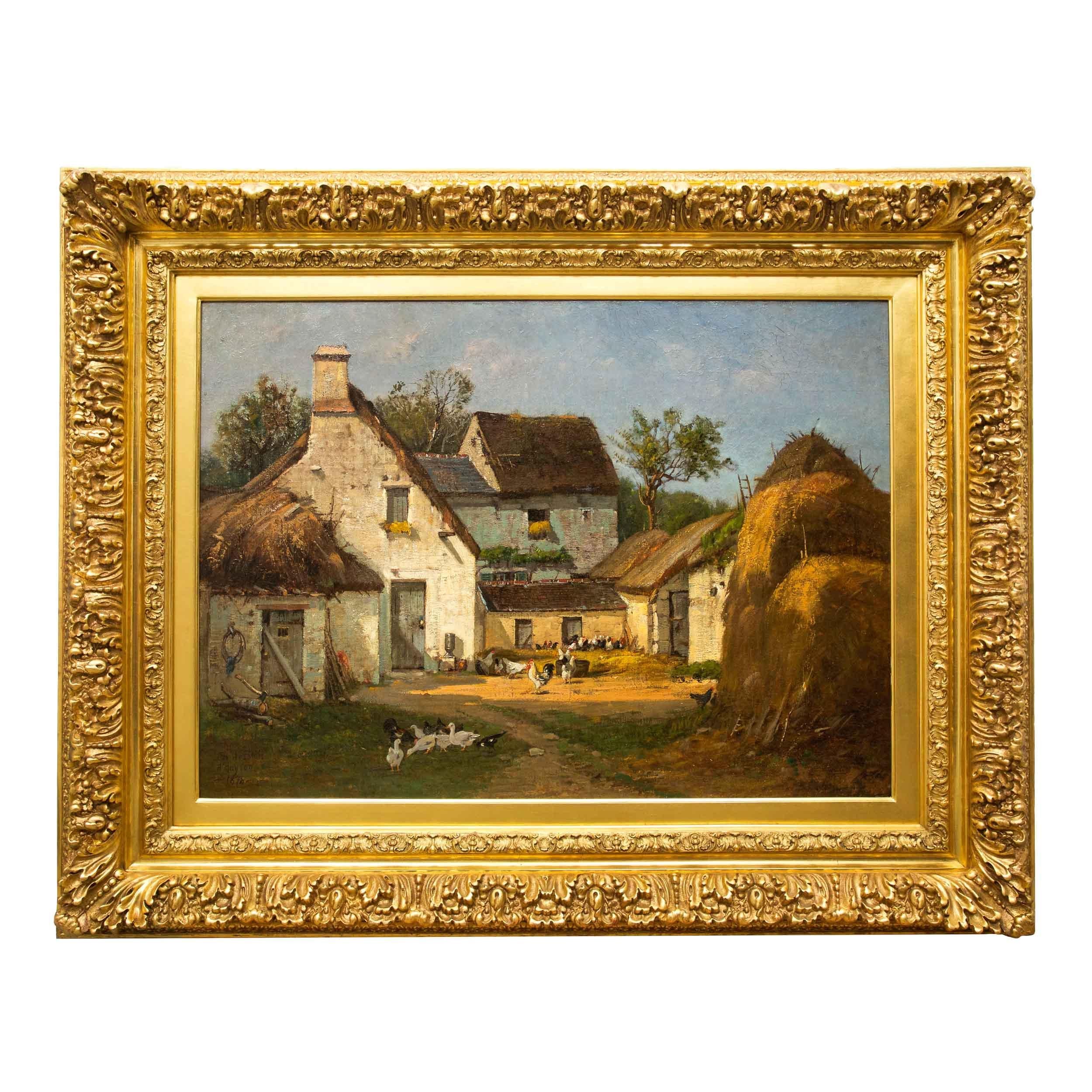 A fine and rather large original painting by François B. de Blois depicting a rural barnyard with roaming chickens beneath brilliant blue skies, the work is beautifully textured with intricately layered pigments making up each element of the