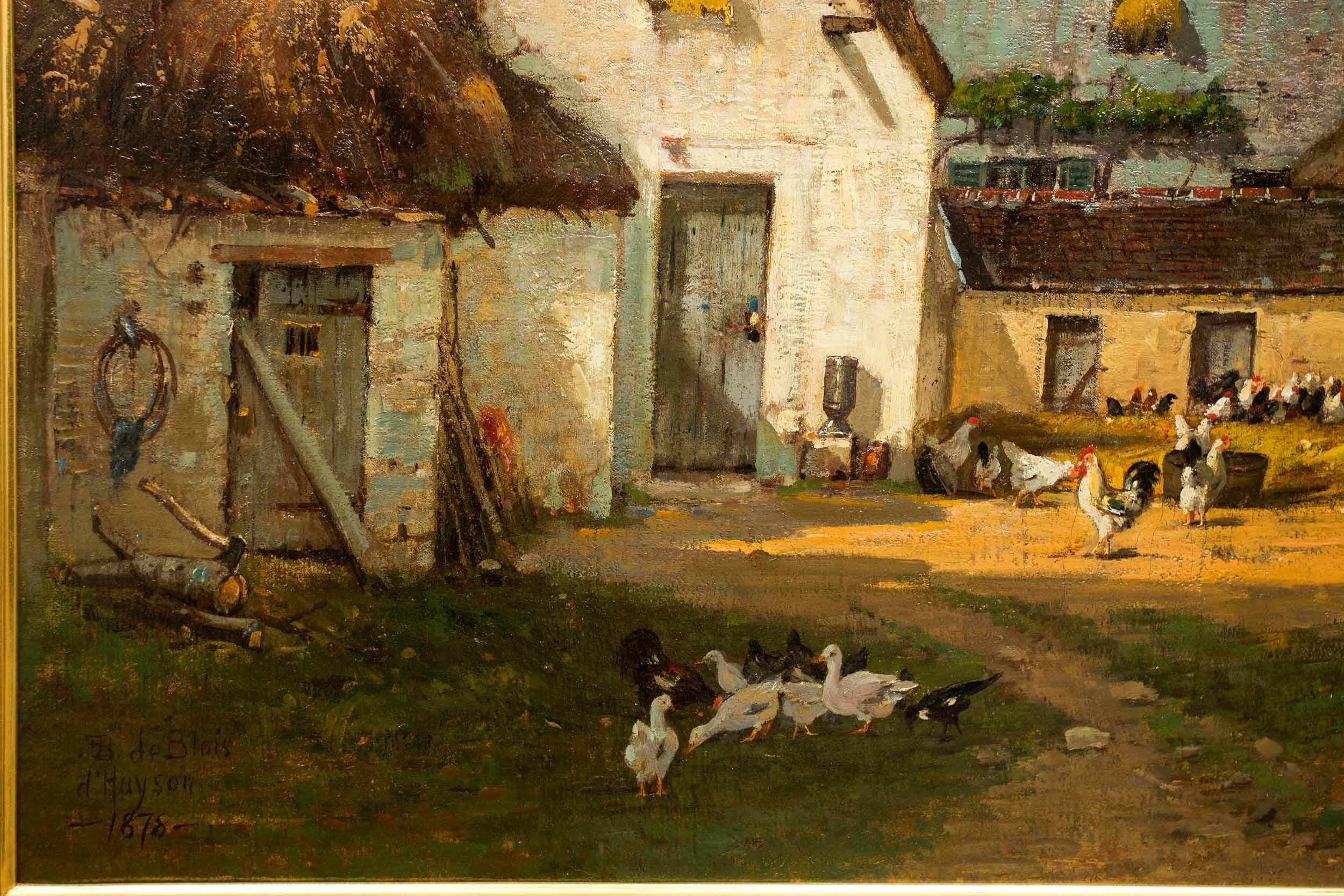Hand-Painted Circa 1878 Barbizon Barnyard Scene of d'Huyson, France by François de Blois