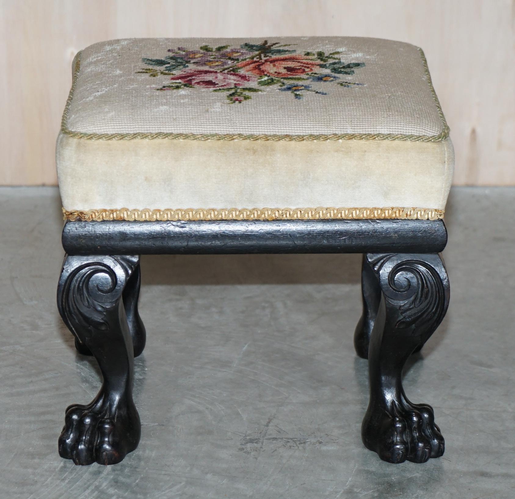 We are delighted to offer for sale this lovely hand made in England, circa 1880-1900 Ebonised footstool with elaborate hand carved Lion’s hairy paw feet.

A very good looking well made and decorative stool, the feet are a real tour de force of