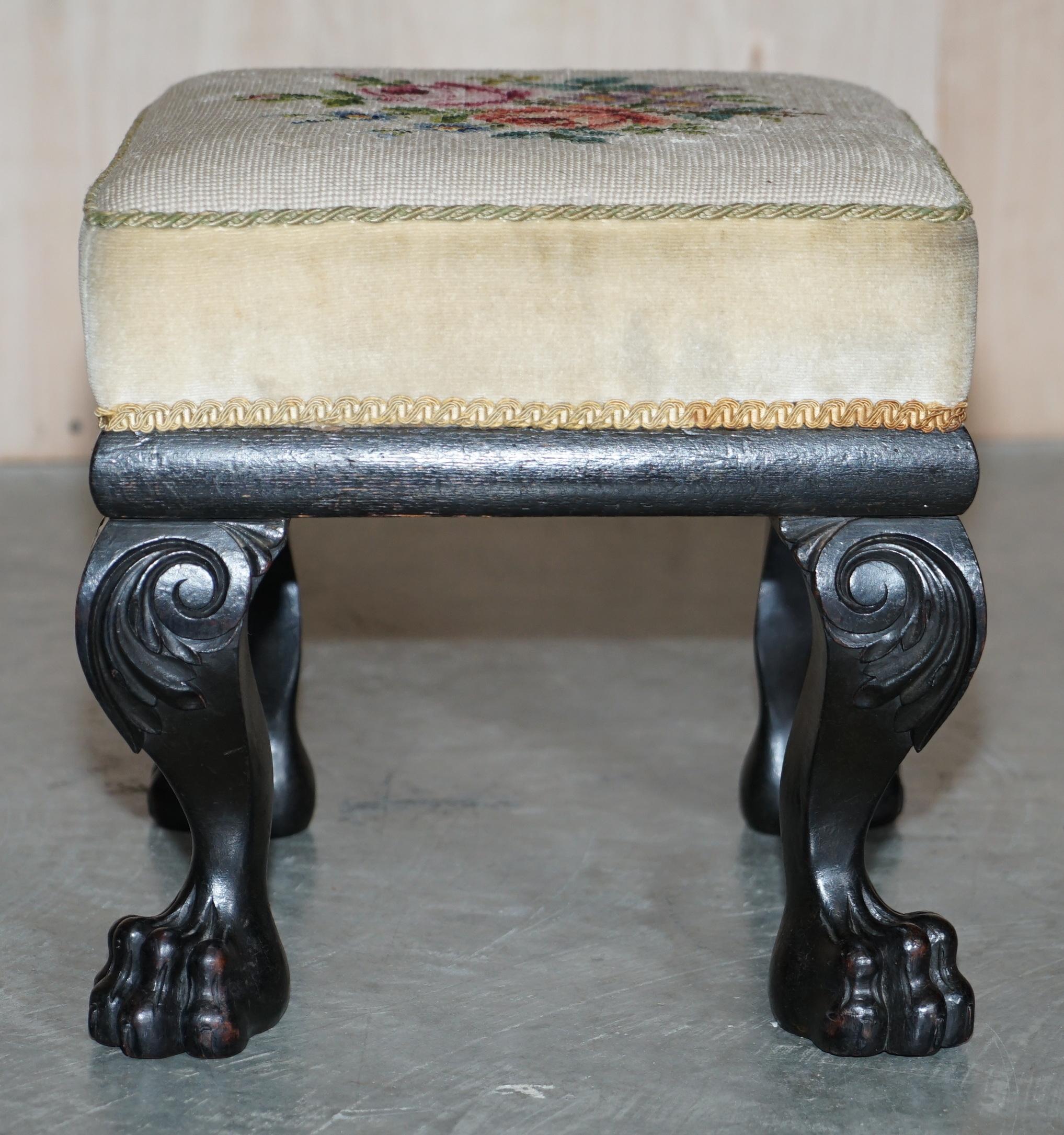 English Circa 1880-1900, Antique Victorian Ebonised Lion's Hairy Paw Feet Footstool For Sale