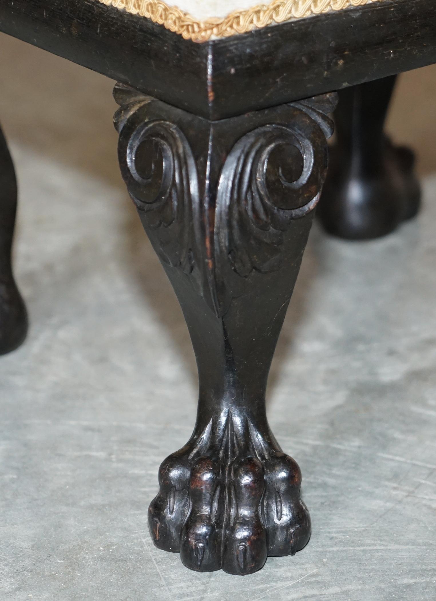 Ebonized Circa 1880-1900, Antique Victorian Ebonised Lion's Hairy Paw Feet Footstool For Sale