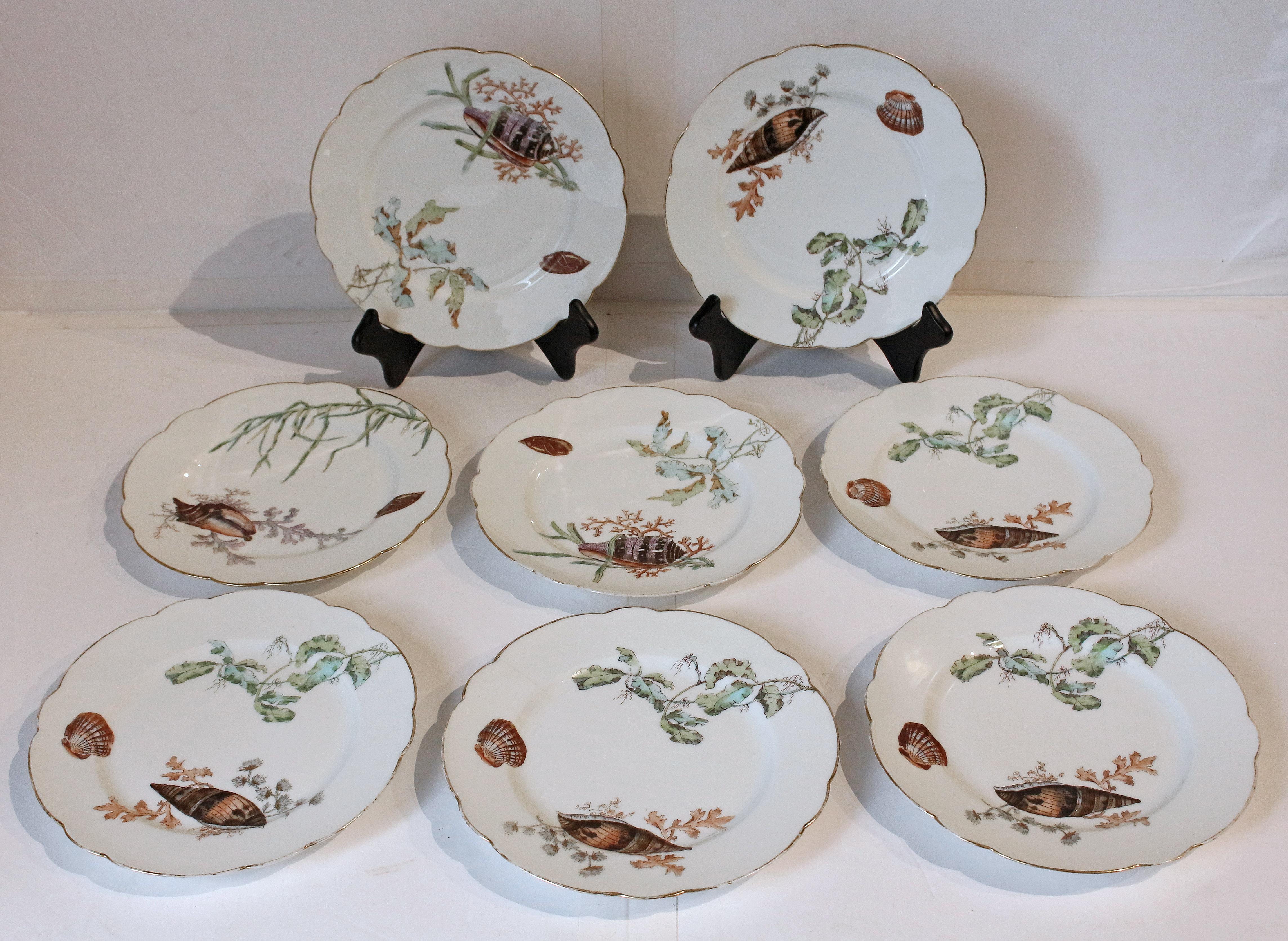 Circa 1880-1900 sea shells & seaweed motif fish service, Limoges, France. Comprised of a platter, shell bowl, 8 plates & 8 sauce dishes. All but sauce dishes are R. Delinieres & Co, Limoges, France, c.1880-1900. Sauce dishes are Theodore Haviland,