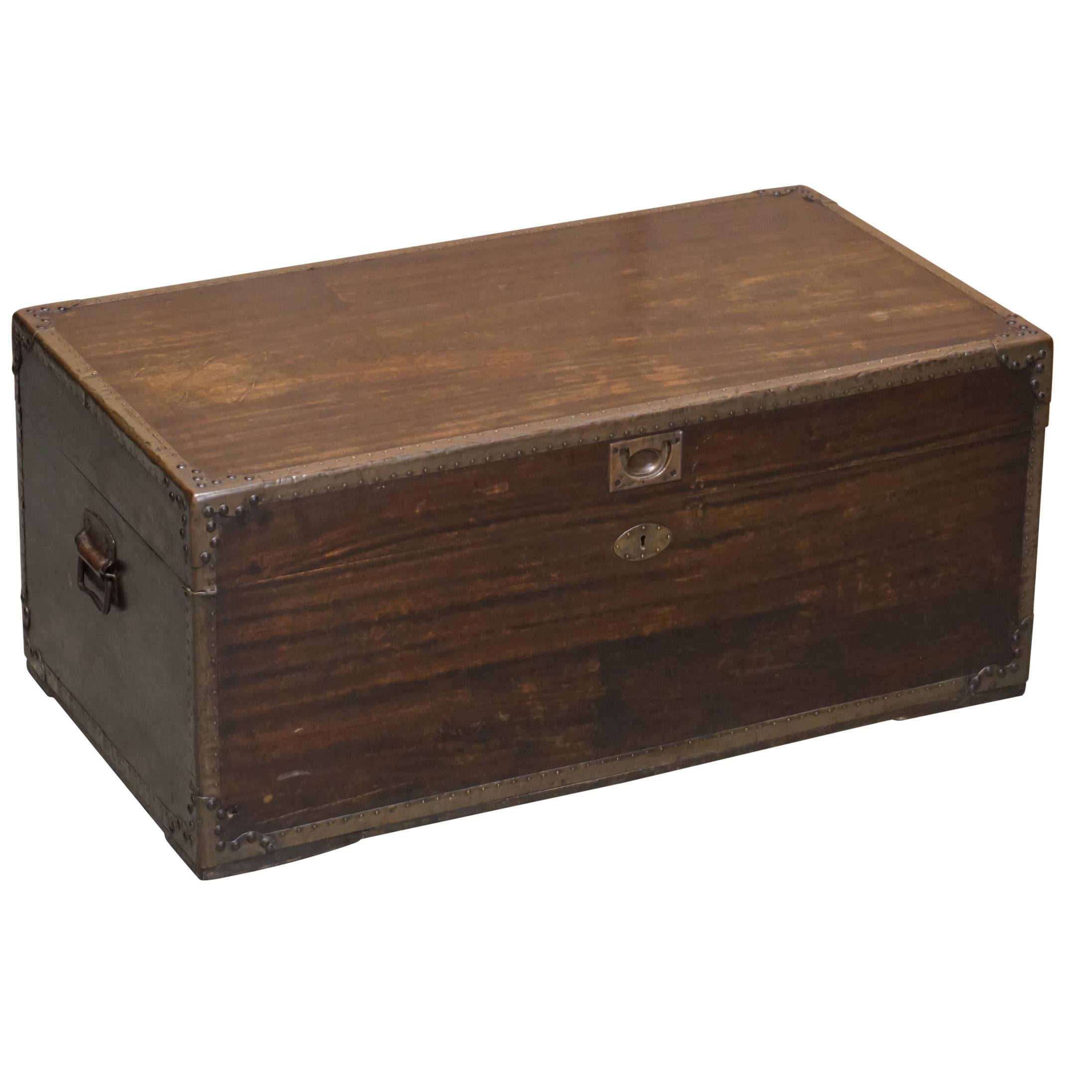 Anglo-Indian Military Campaign Chest Trunk Ottoman Used Coffee Table, circa 1880