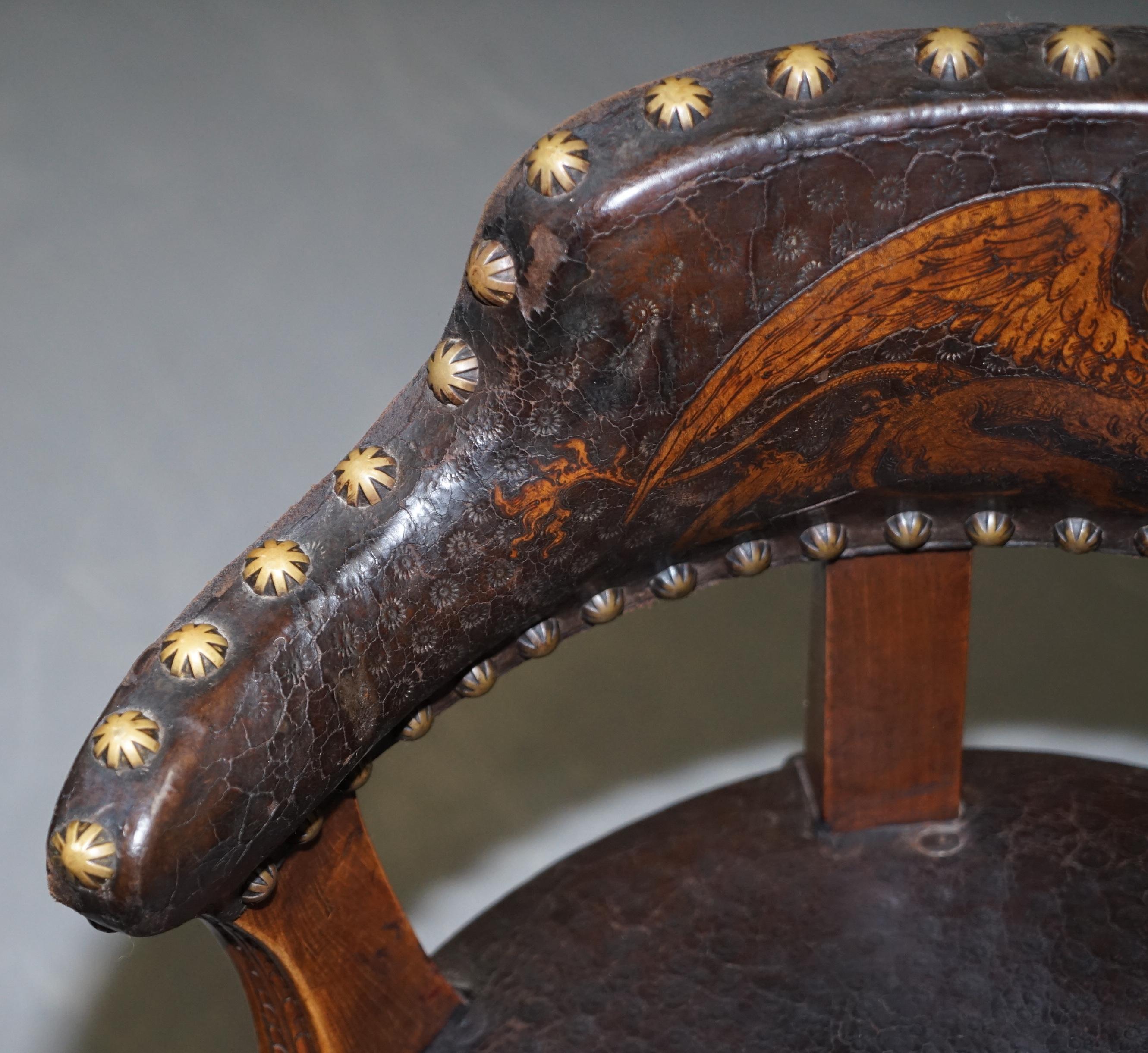 Antique Captains Chair with Embossed Leather Armorial Coat of Arms, circa 1880 5