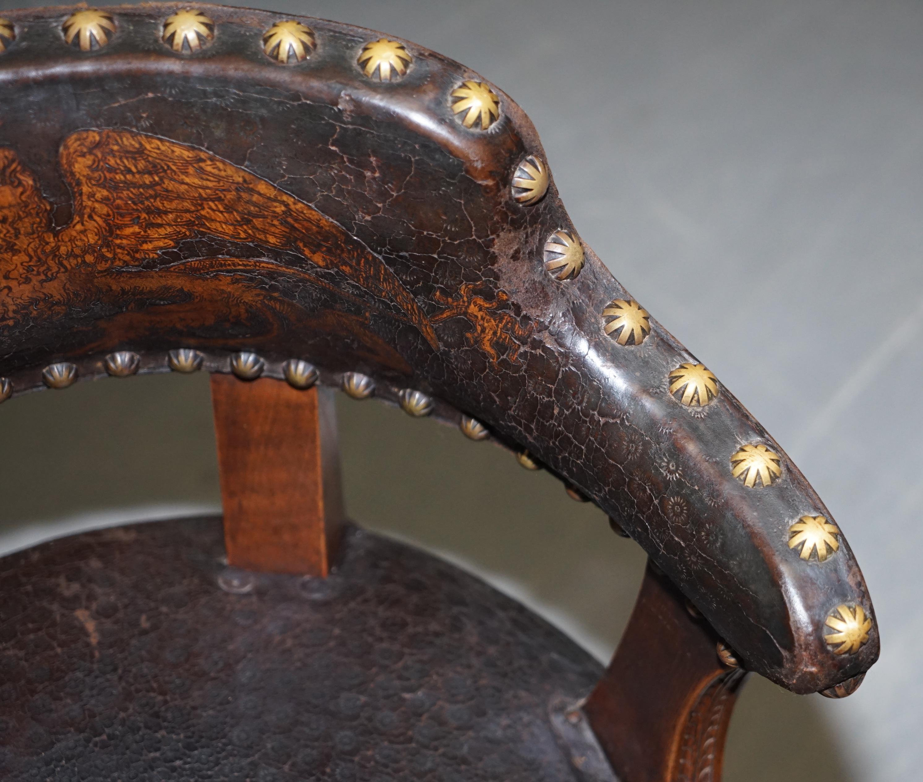 Antique Captains Chair with Embossed Leather Armorial Coat of Arms, circa 1880 6