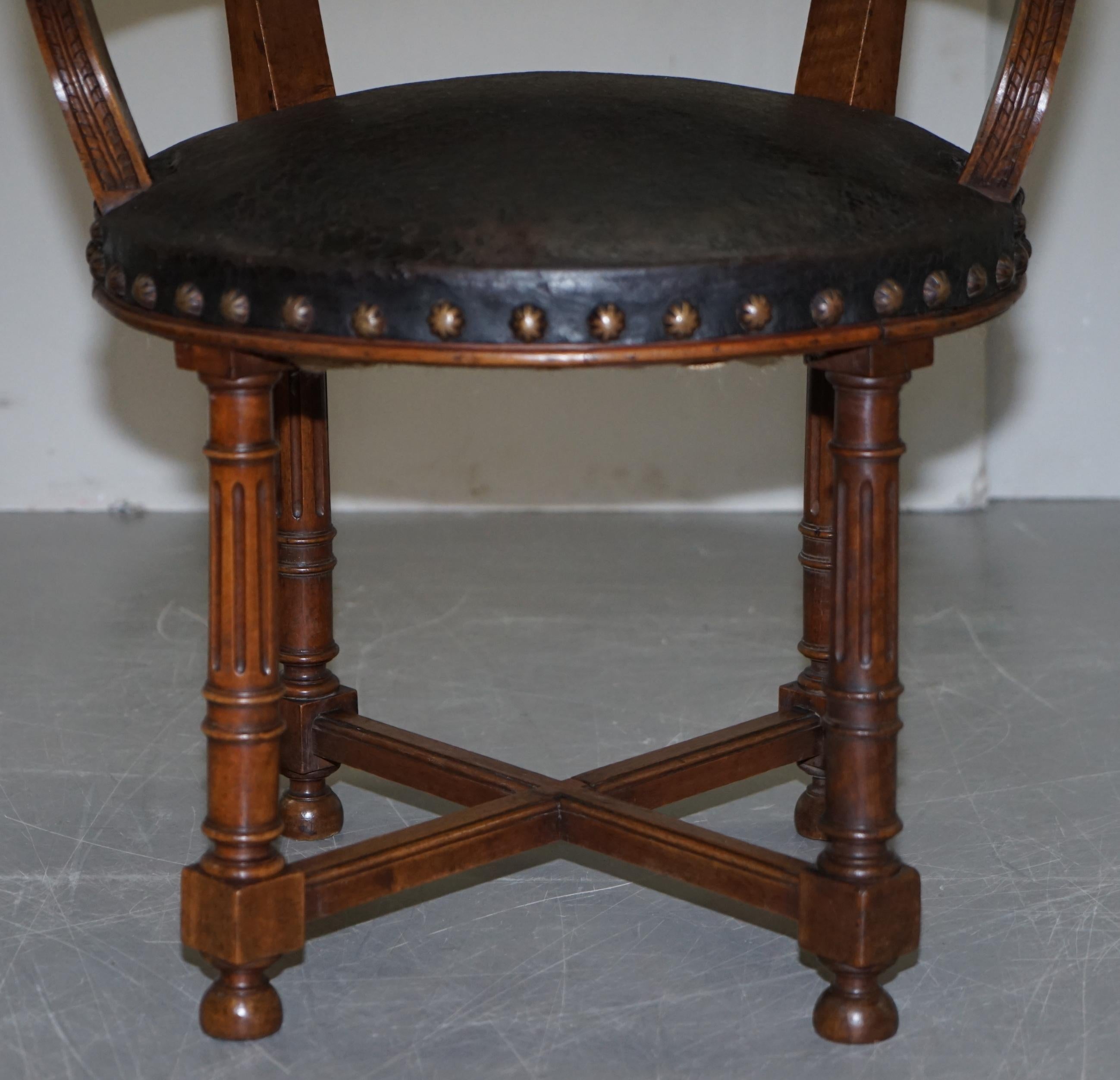 Antique Captains Chair with Embossed Leather Armorial Coat of Arms, circa 1880 7