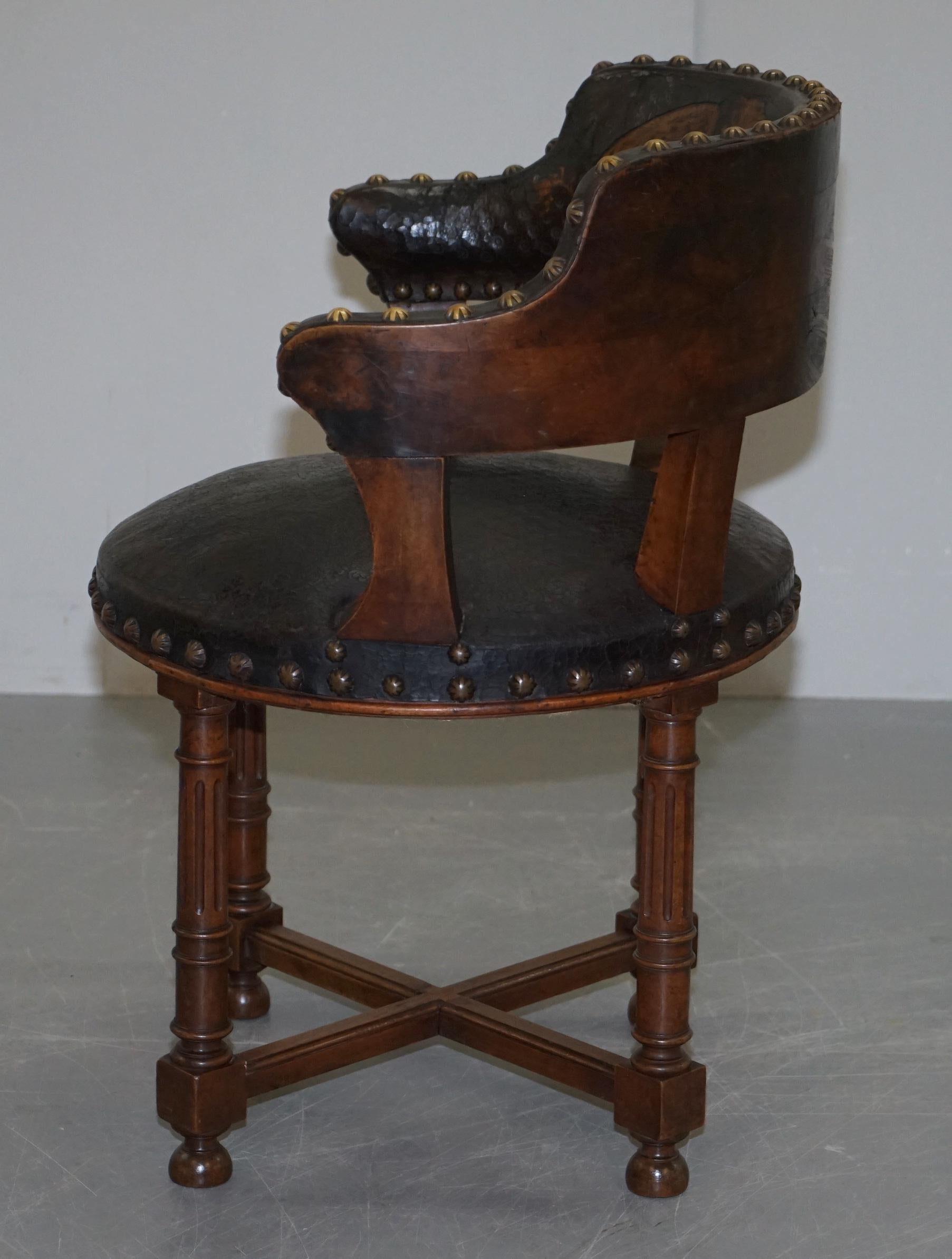 Antique Captains Chair with Embossed Leather Armorial Coat of Arms, circa 1880 14