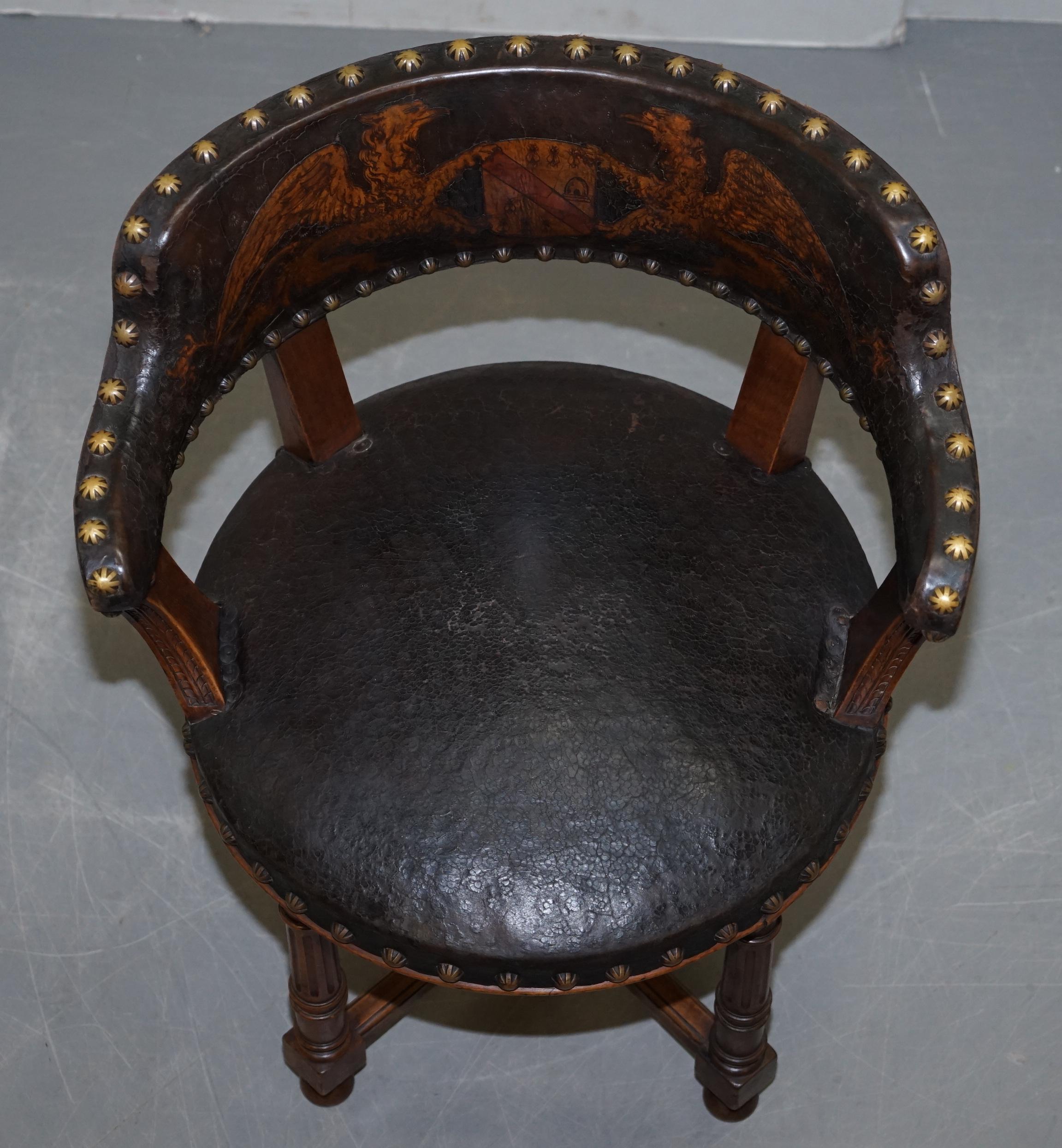 High Victorian Antique Captains Chair with Embossed Leather Armorial Coat of Arms, circa 1880
