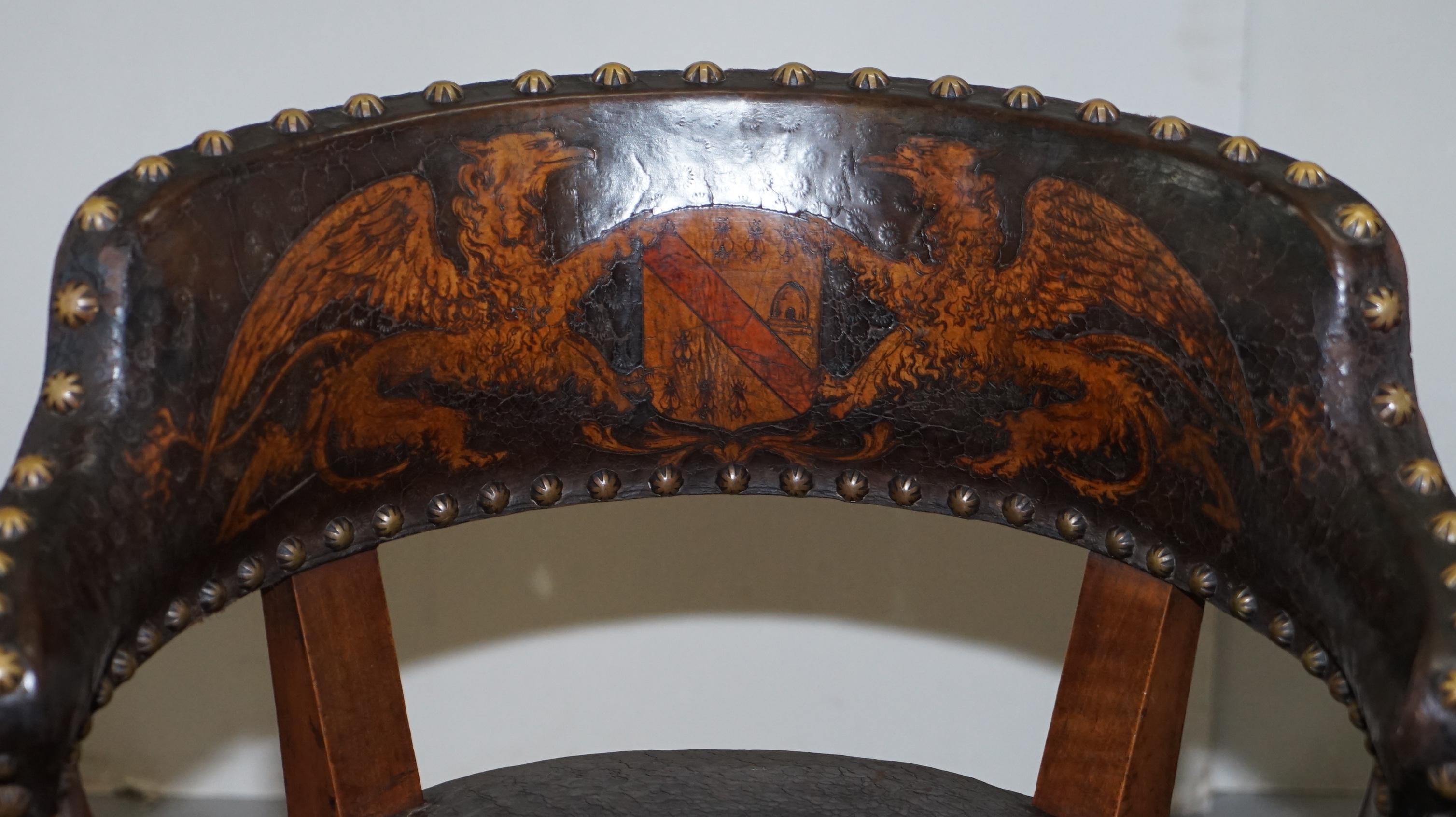 Antique Captains Chair with Embossed Leather Armorial Coat of Arms, circa 1880 1