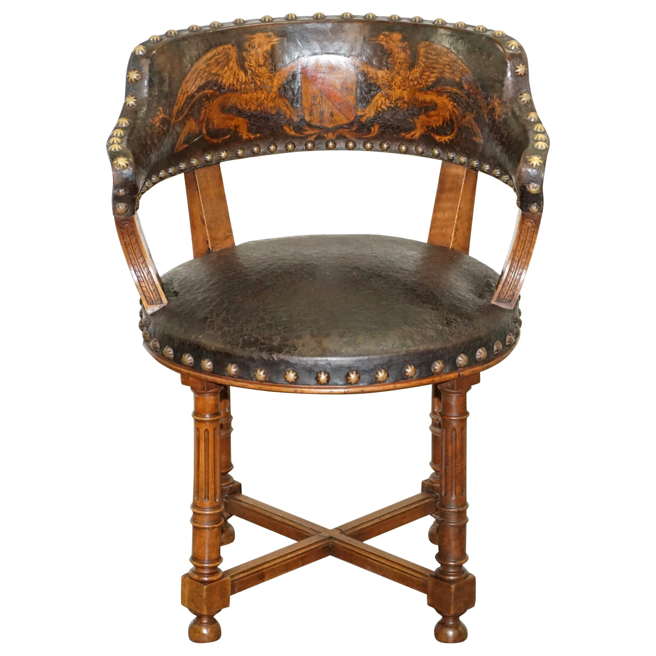 Antique Captains Chair with Embossed Leather Armorial Coat of Arms, circa 1880