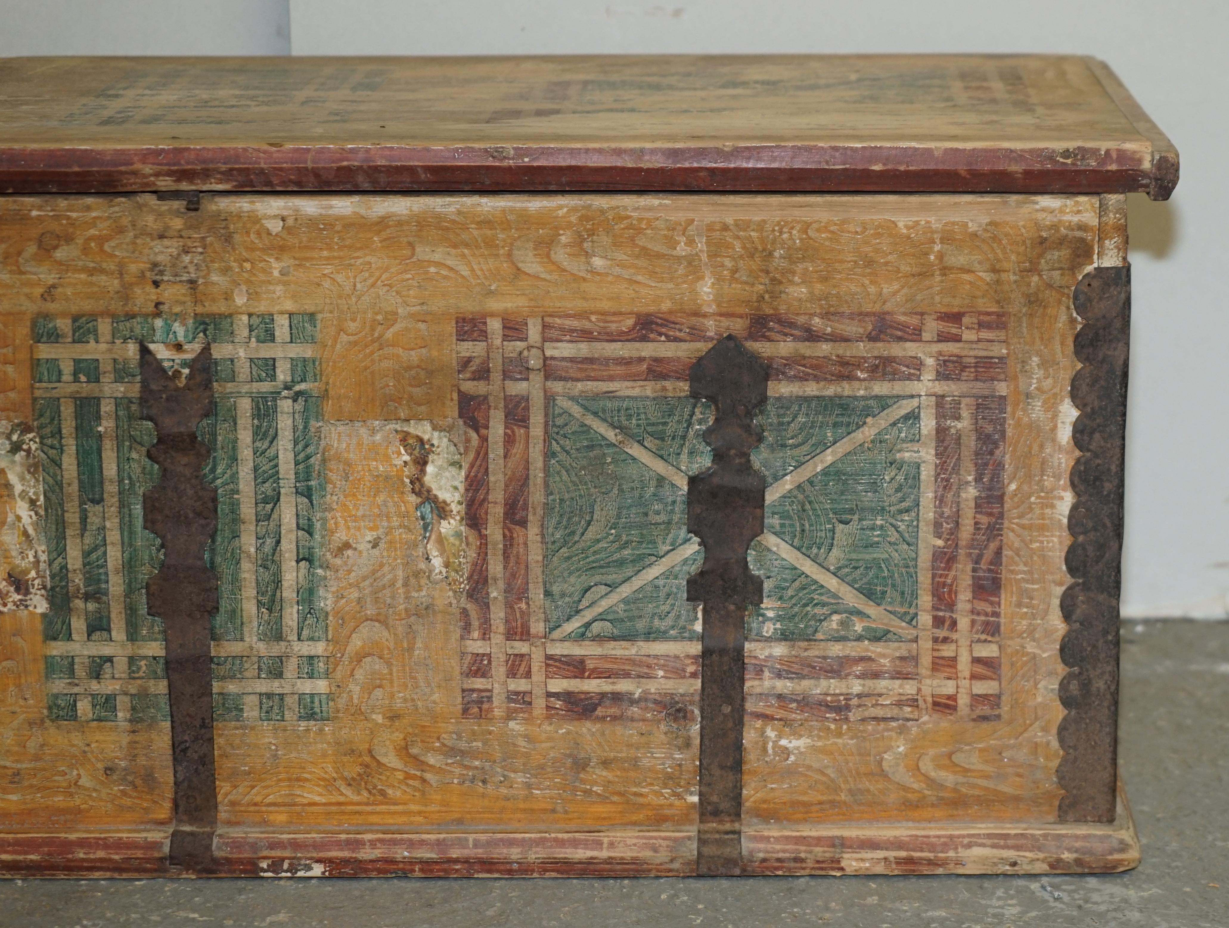 Hand-Painted Circa 1880 Antique Original Paint Campaign Handle Blanket Chest Coffer Trunk For Sale
